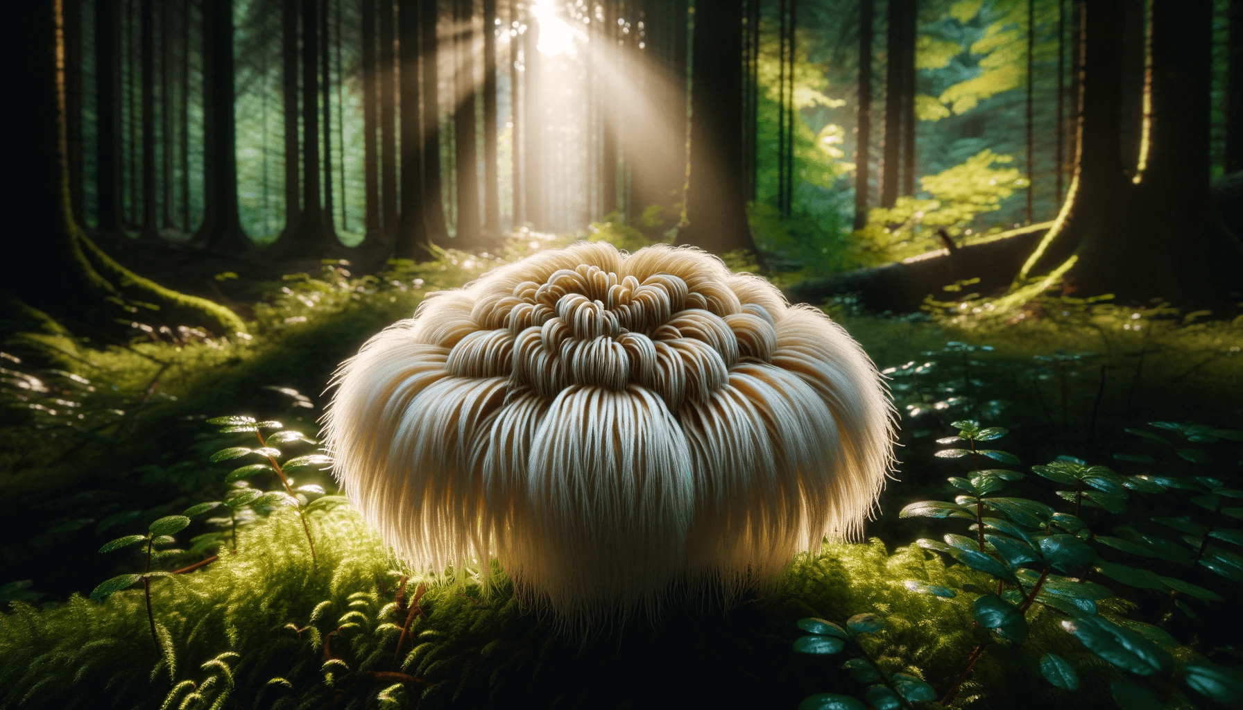 Lion's Mane mushroom in a forest setting, highlighting the natural source of the cognitive-enhancing supplement