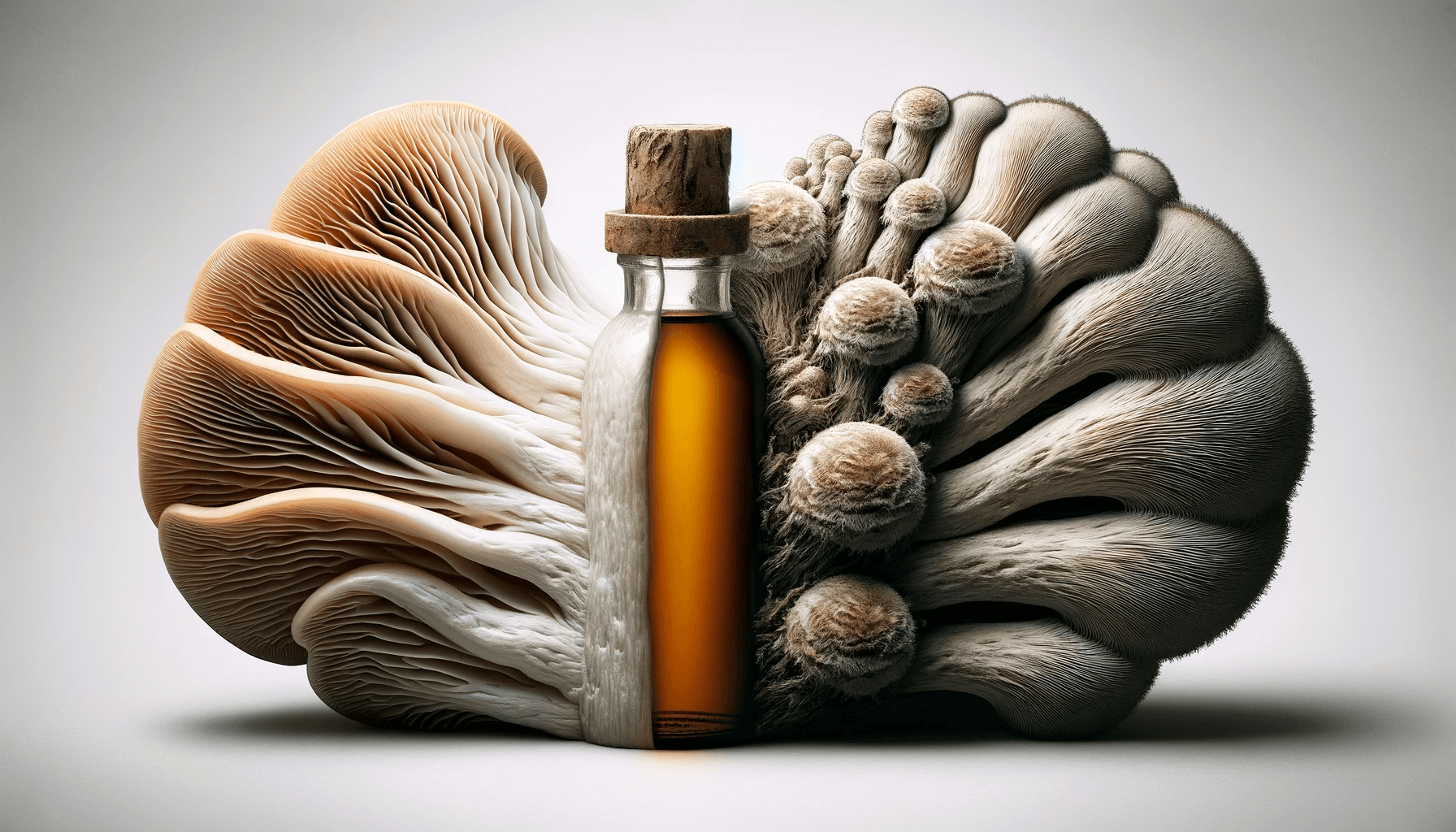 Lion's Mane mushroom transforming into a bottle of extract, symbolizing the extraction process. The image shows half of the mushroom gradually turning into a liquid extract contained in a bottle.