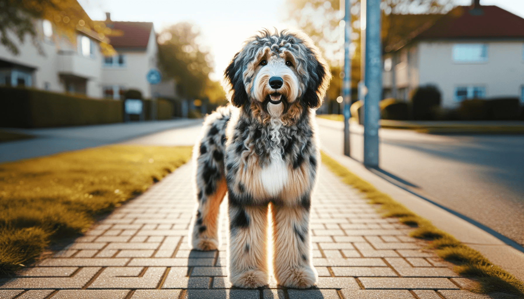 Adult Merle Aussiedoodle standing confidently on a sidewalk, showcasing its beautiful merle coat.