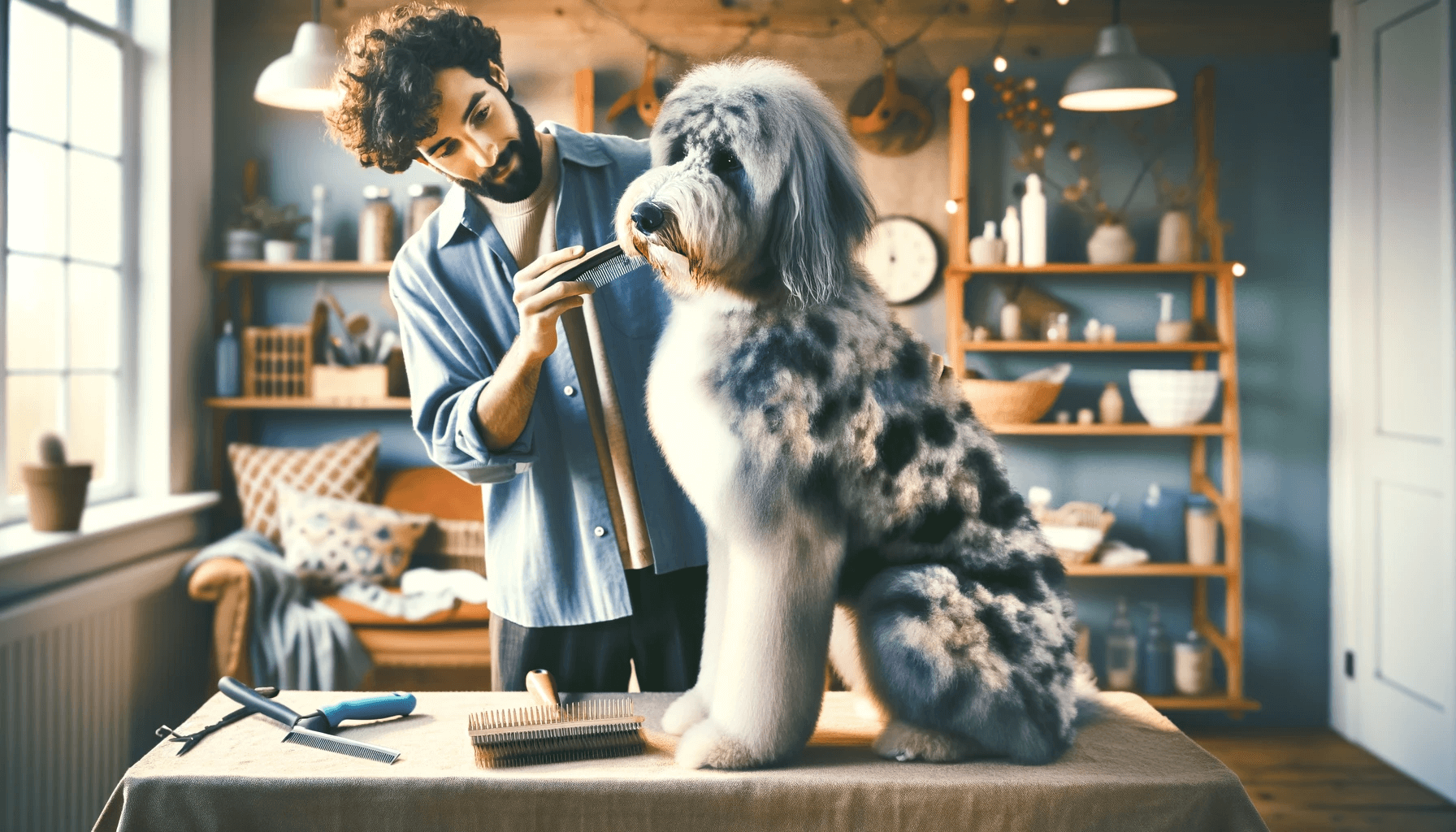 Merle Aussiedoodle being groomed where the owner is attentively brushing its unique merle coat, reflecting the dog's patient nature.