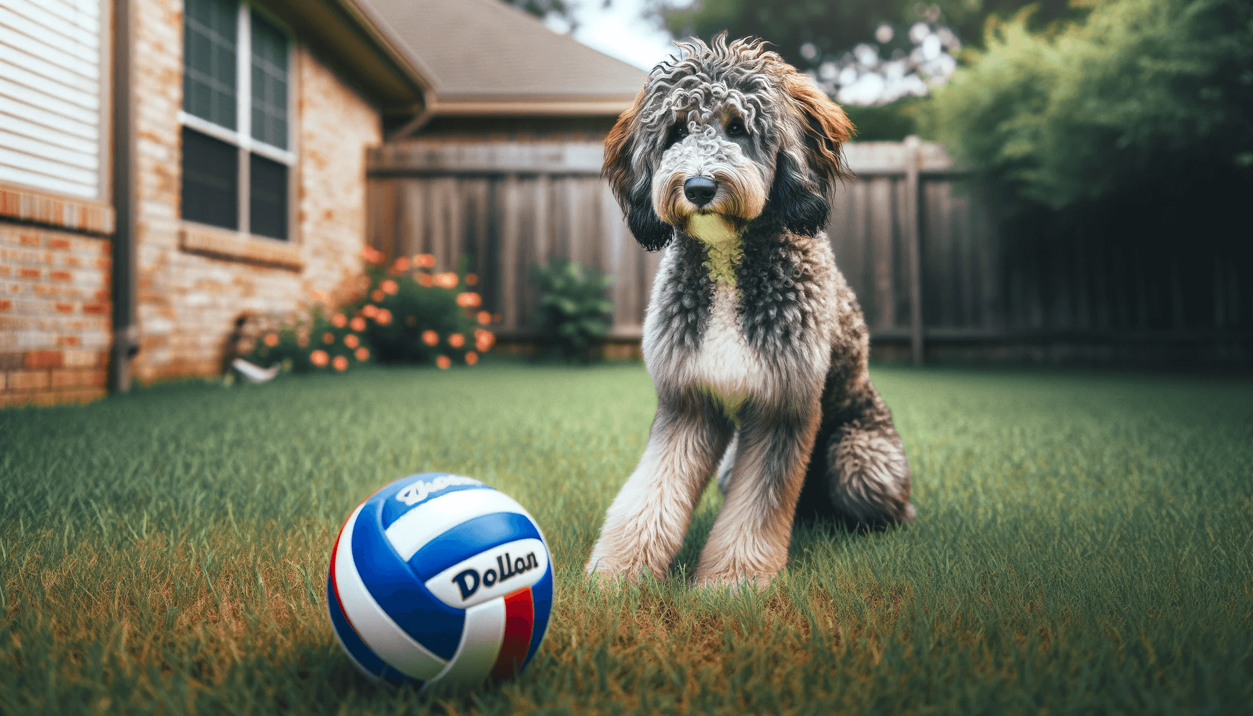 Merle Aussiedoodle beside a volleyball on the lawn, illustrating the breed's playful nature and physicality.