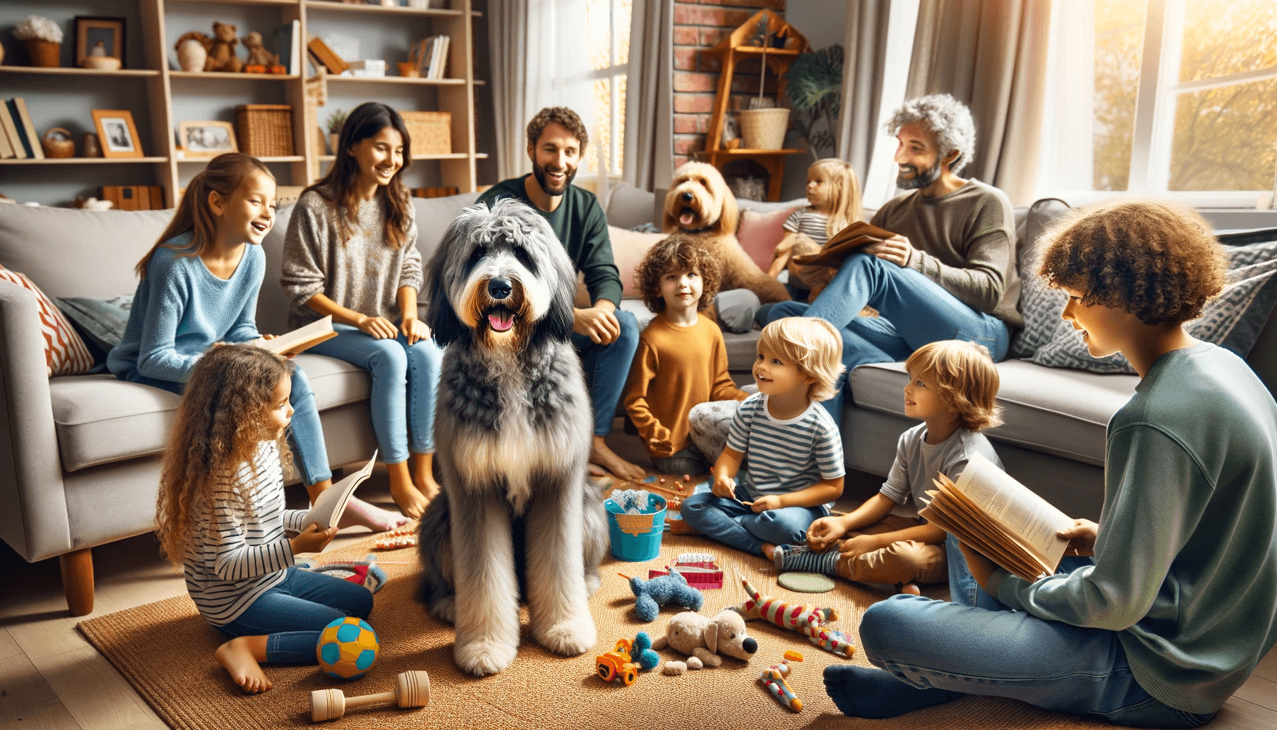 Merle Aussiedoodle integrated into family life surrounded by children and adults, emphasizing its gentle behavior.