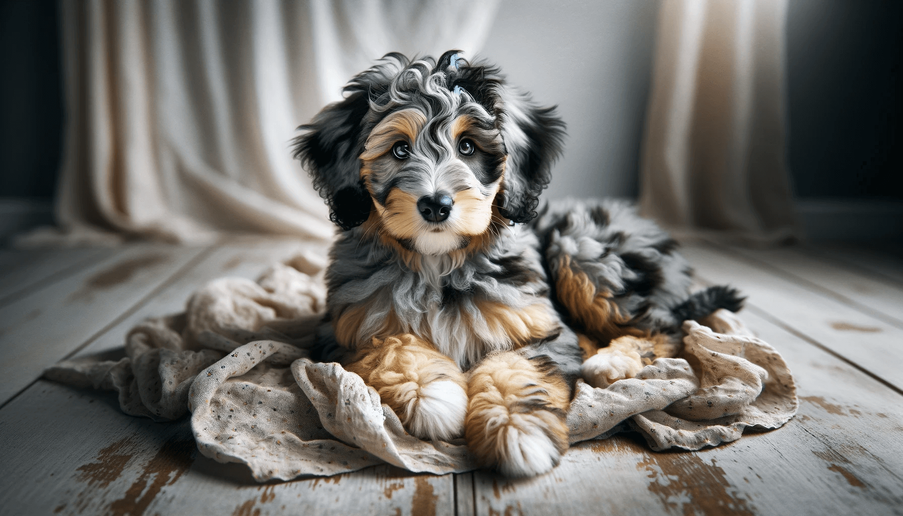 Merle Aussiedoodle lounging on a cloth with a merle-patterned coat and curious eyes that capture the affectionate and inquisitive nature.