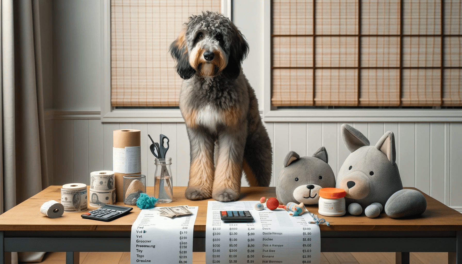 Merle Aussiedoodle next to a table displaying the costs of ownership with various dog-related expenses.