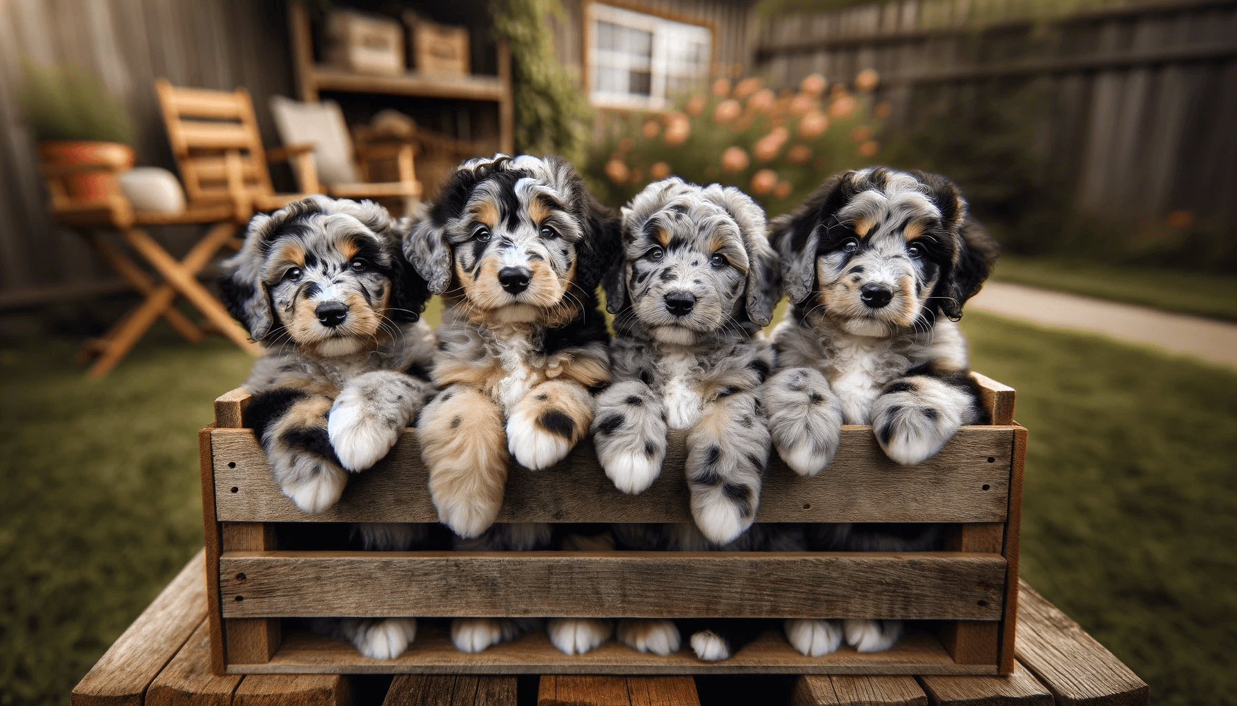 Merle Aussiedoodle puppies in a wooden crate, each showcasing the unique merle patterns that characterize the breed with expressions full of curiosity and playfulness.