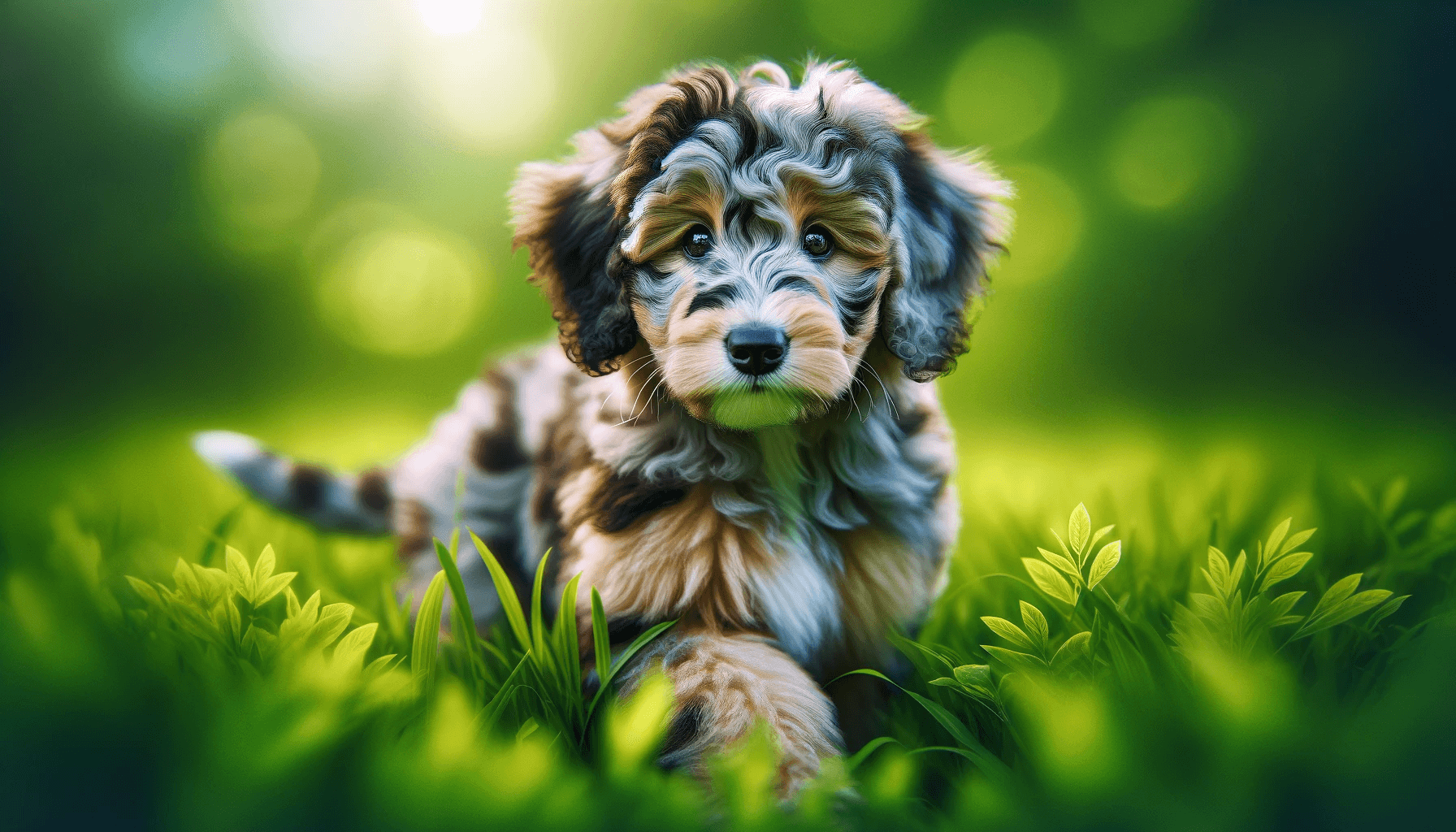 Merle Aussiedoodle puppy amidst the grass, its merle coat blending beautifully with the natural surroundings.
