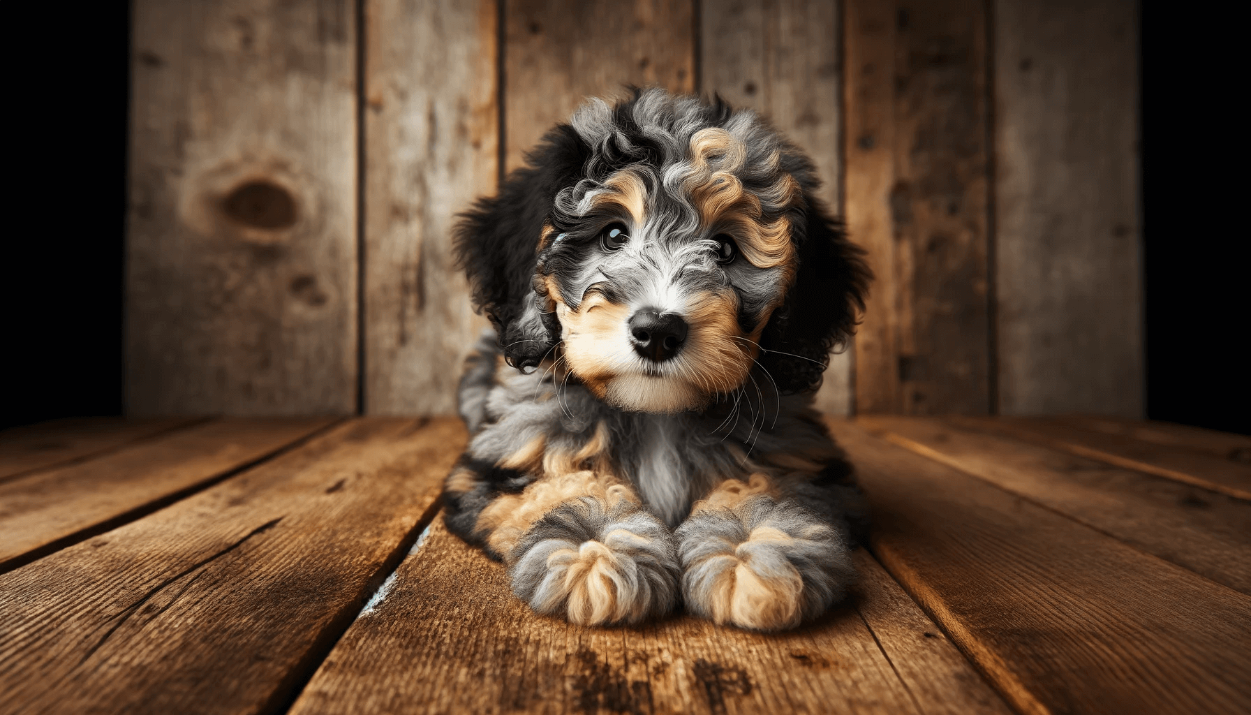 Merle Aussiedoodle puppy on a wooden surface, its endearing puppy eyes and merle fur coat representing the breed's charm and the early stages of growth.