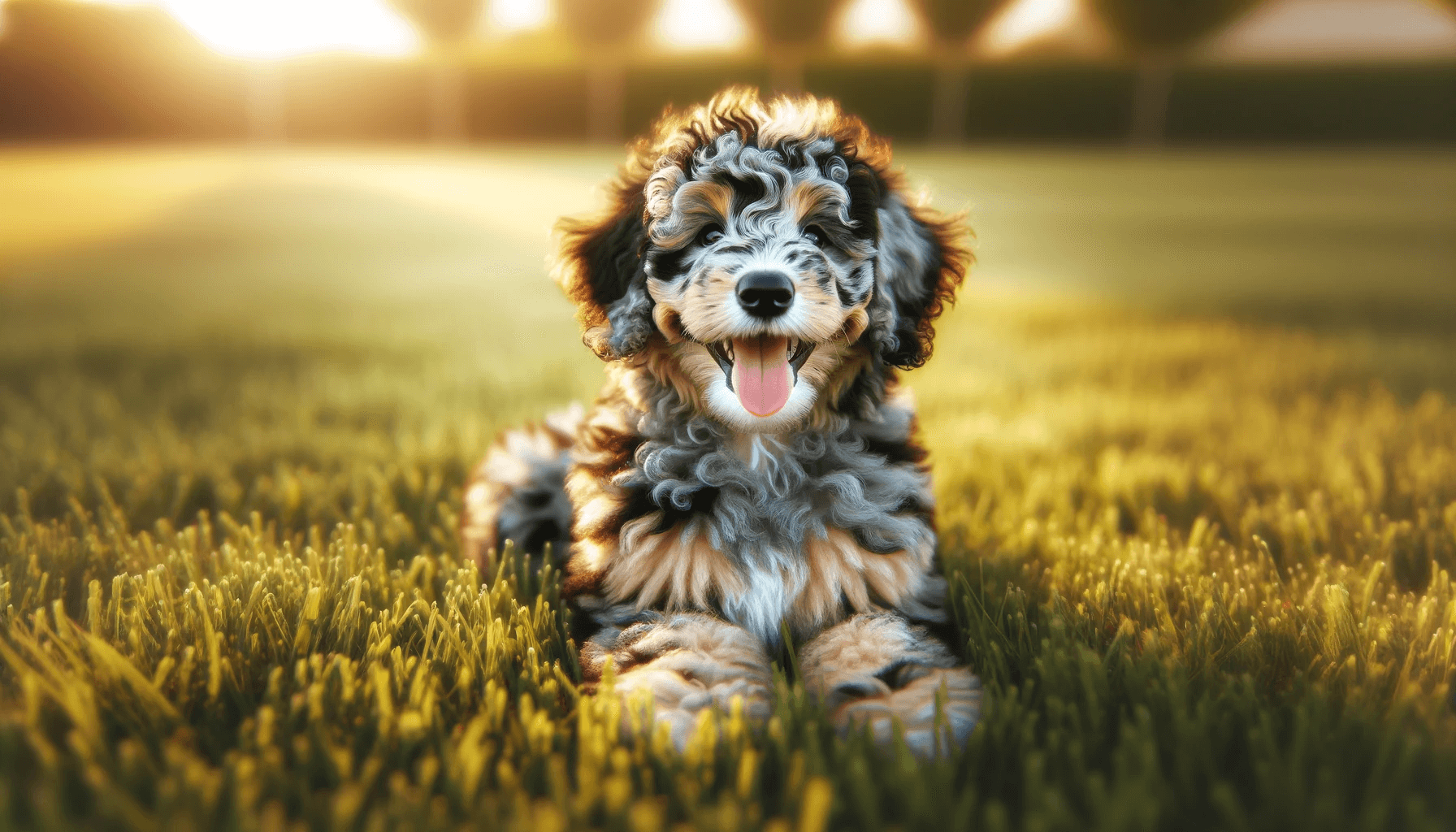 Merle Aussiedoodle puppy sitting on grass with its tongue out in a happy pant, showcasing the breed's unique merle coat pattern and a zest for life.