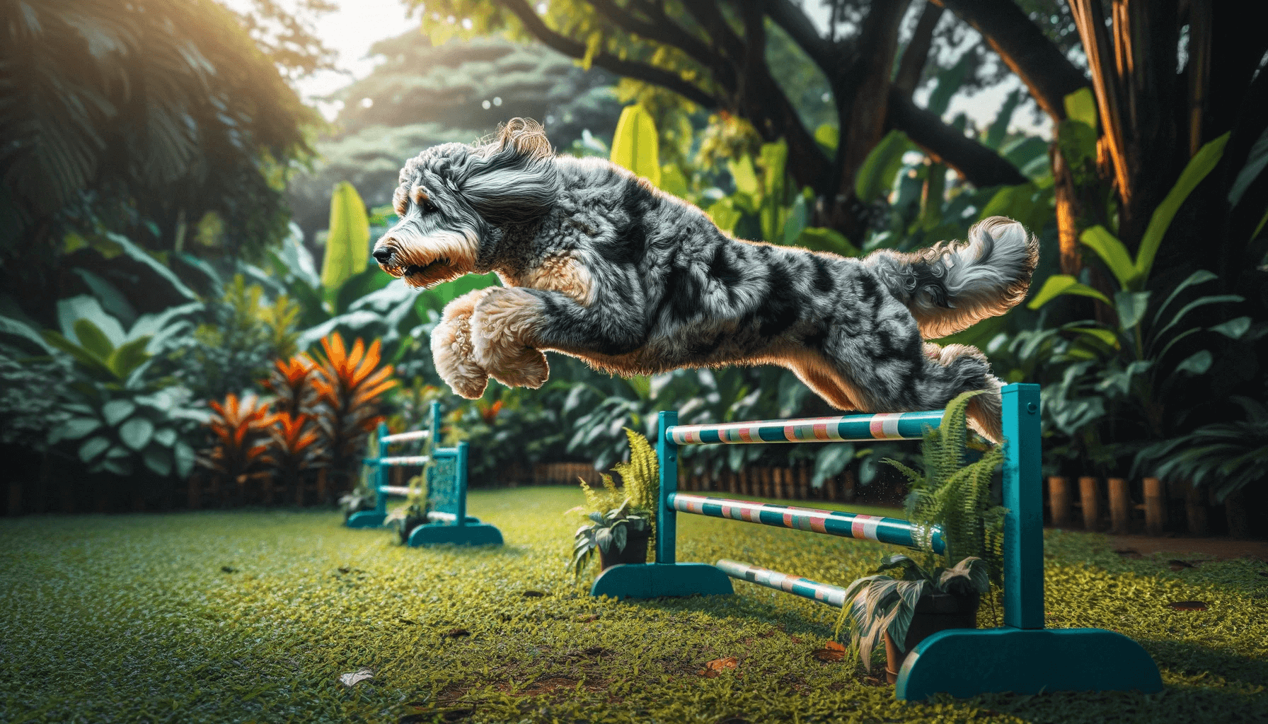 Merle Aussiedoodle showcasing its agility, captured mid-leap over a hurdle in a park setting surrounded by lush greenery.