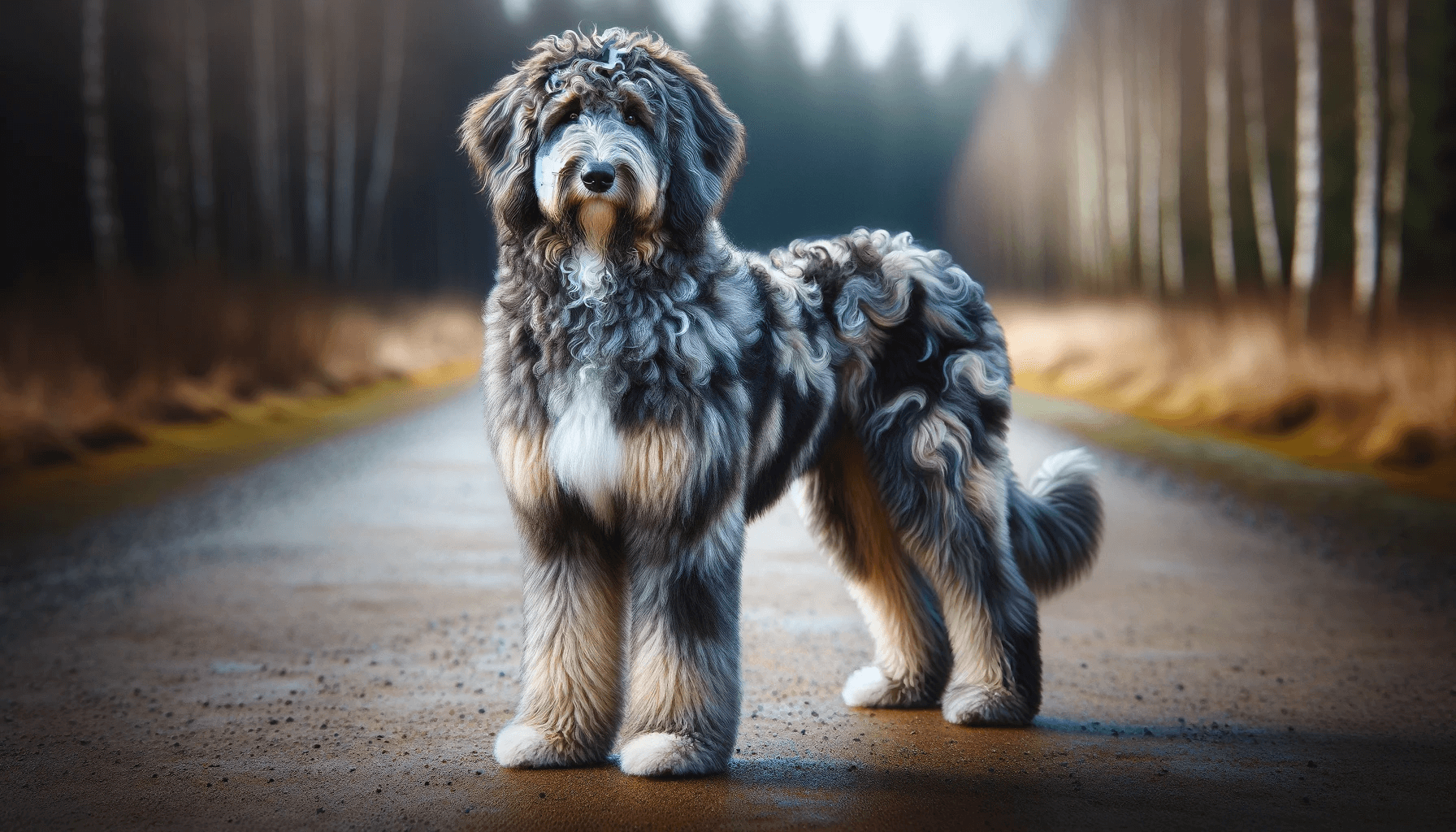 Merle Aussiedoodle standing confidently on a path, its distinctive merle coat patterns and attentive stance conveying the breed's alertness.