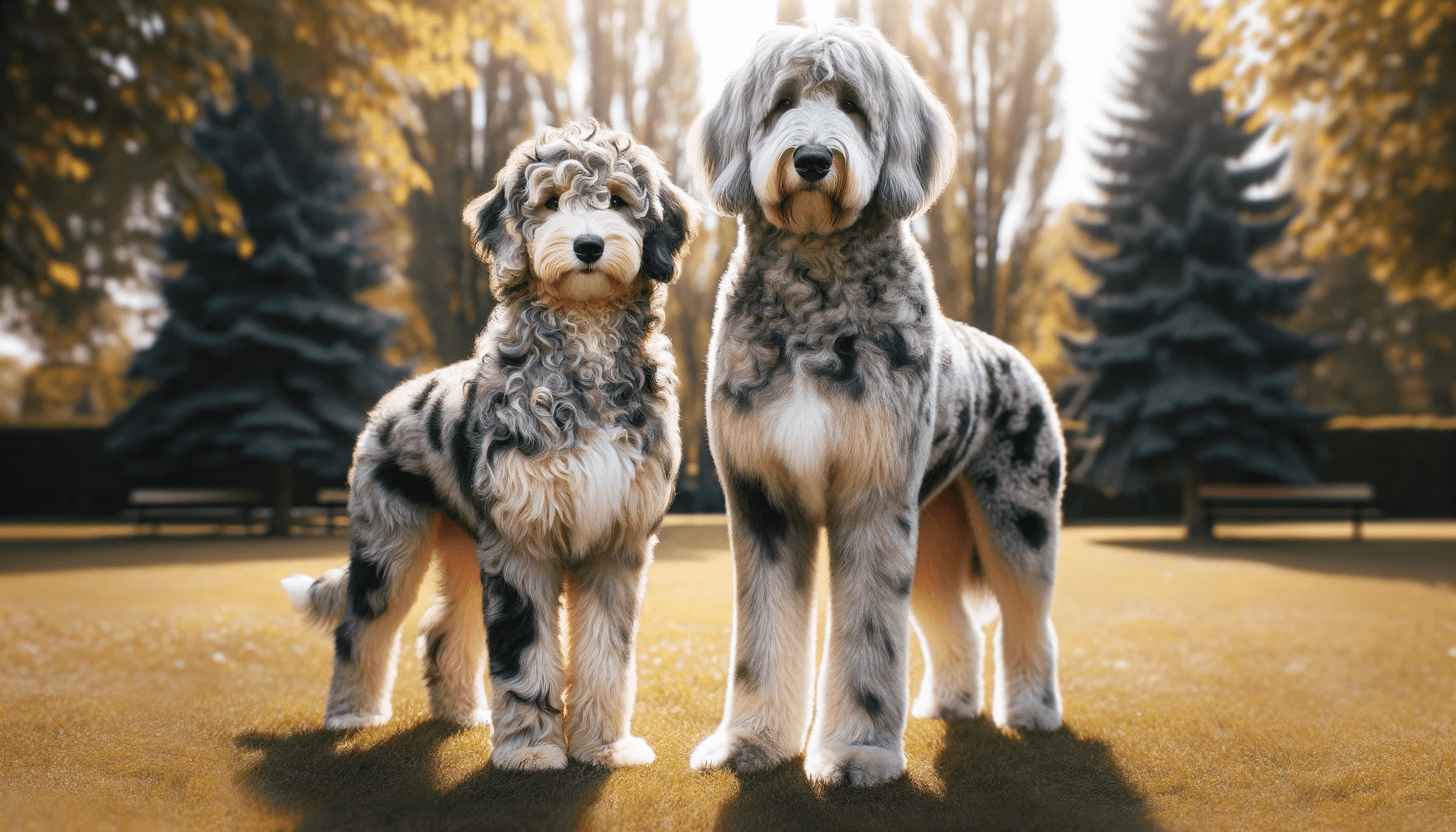Merle Aussiedoodle standing together, male and female, in a sunny park showcasing the subtle size and build differences.