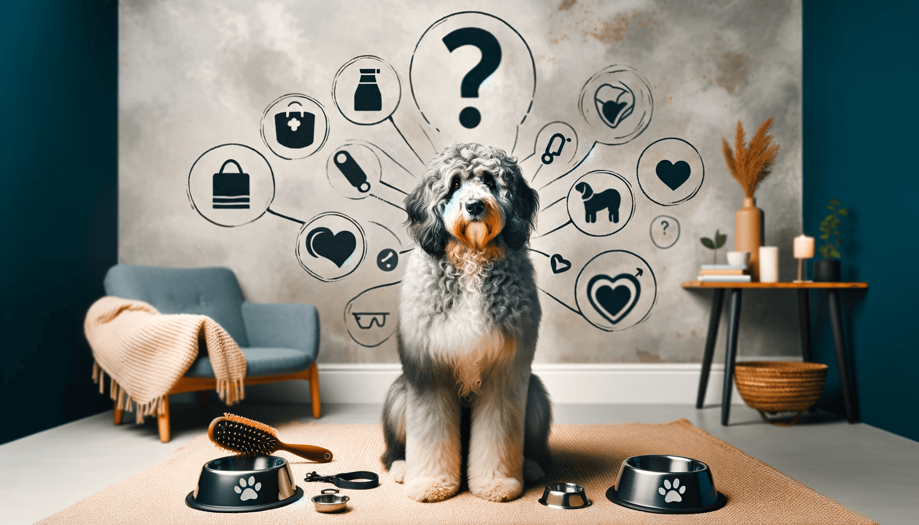Merle Aussiedoodle surrounded by icons representing common questions about the breed, with a question mark overhead.