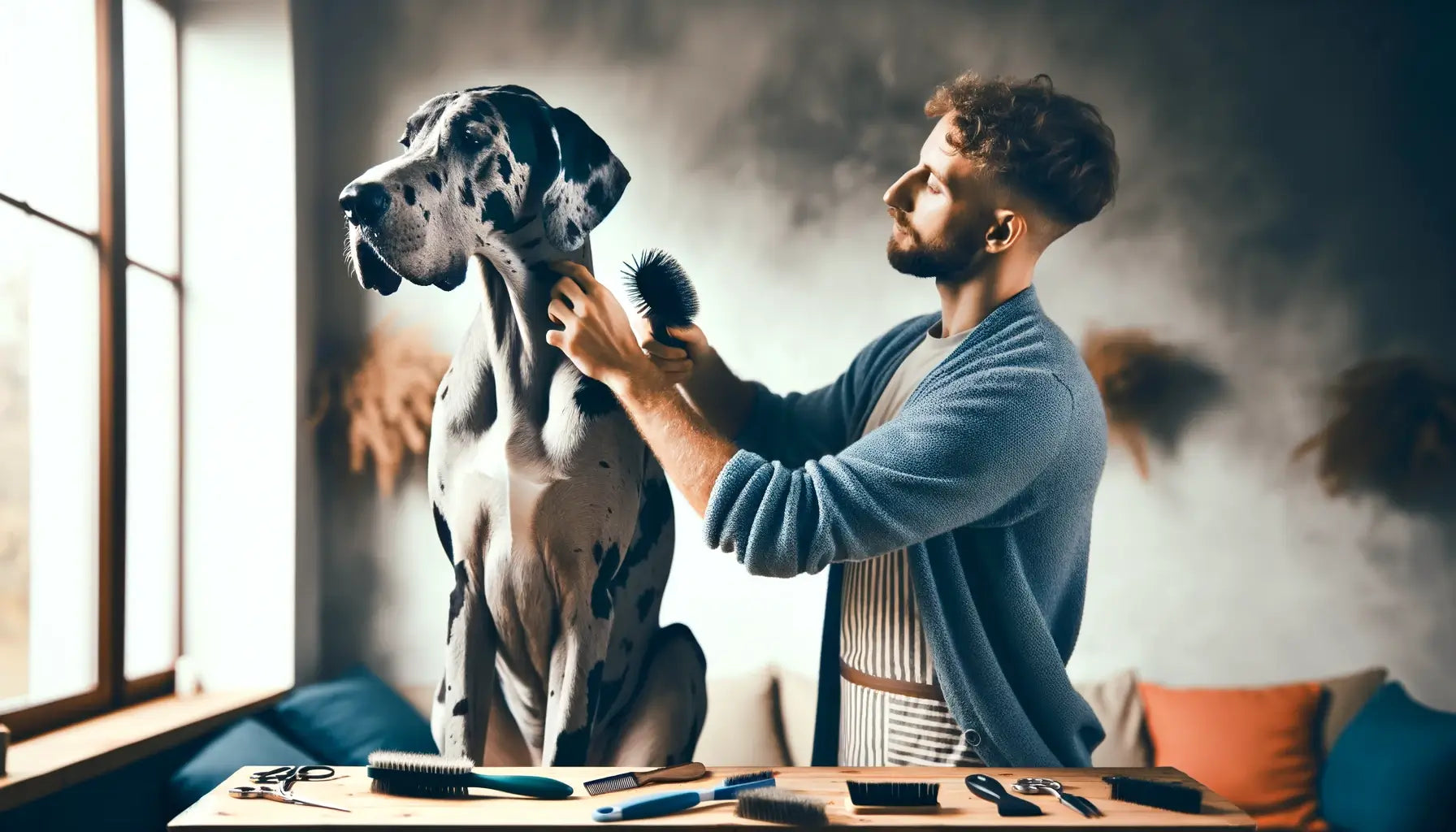 A Merle Great Dane being groomed by its owner at home, with the owner brushing the dog's distinctive merle coat.