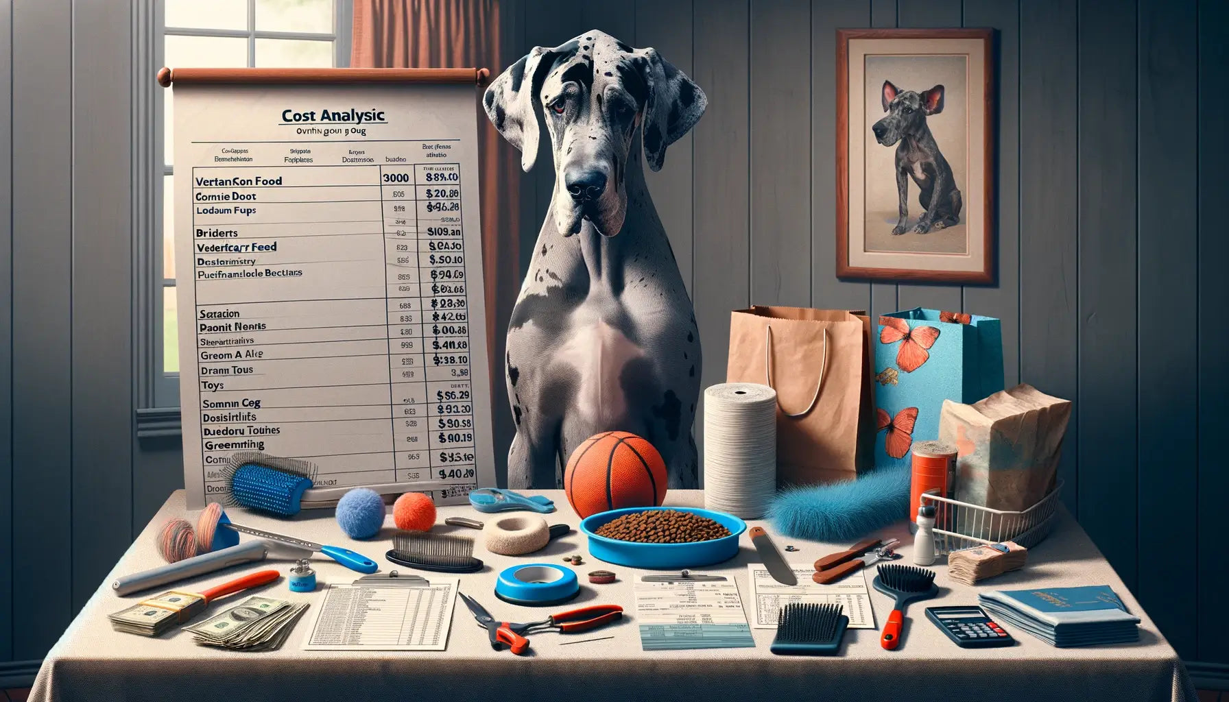 A Merle Great Dane sitting beside a table displaying dog-related expenses, symbolizing cost analysis for owning the dog.