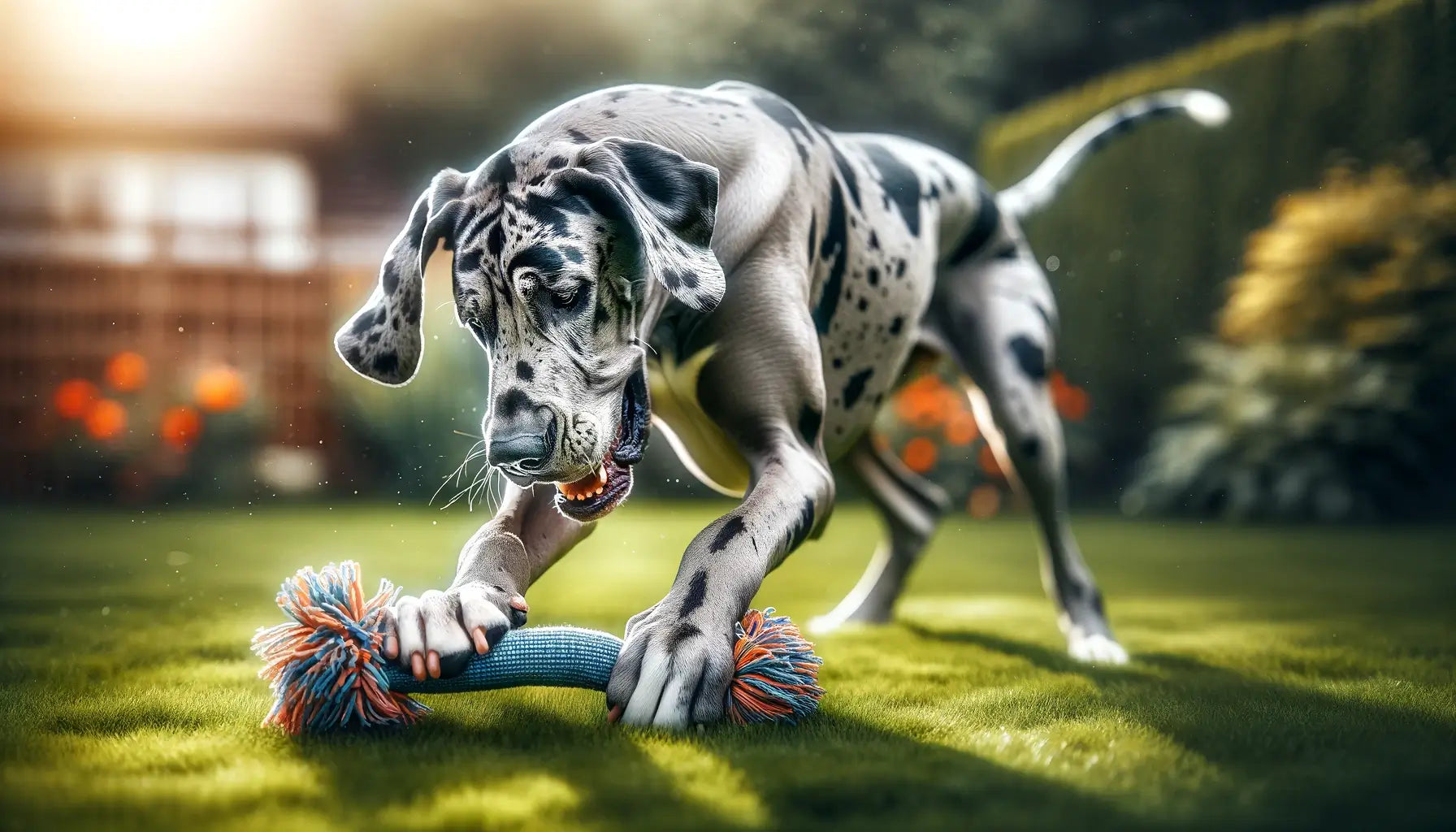 A Merle Great Dane engaging with a toy on a grassy lawn, reflecting the breed's friendly disposition and love for interaction.