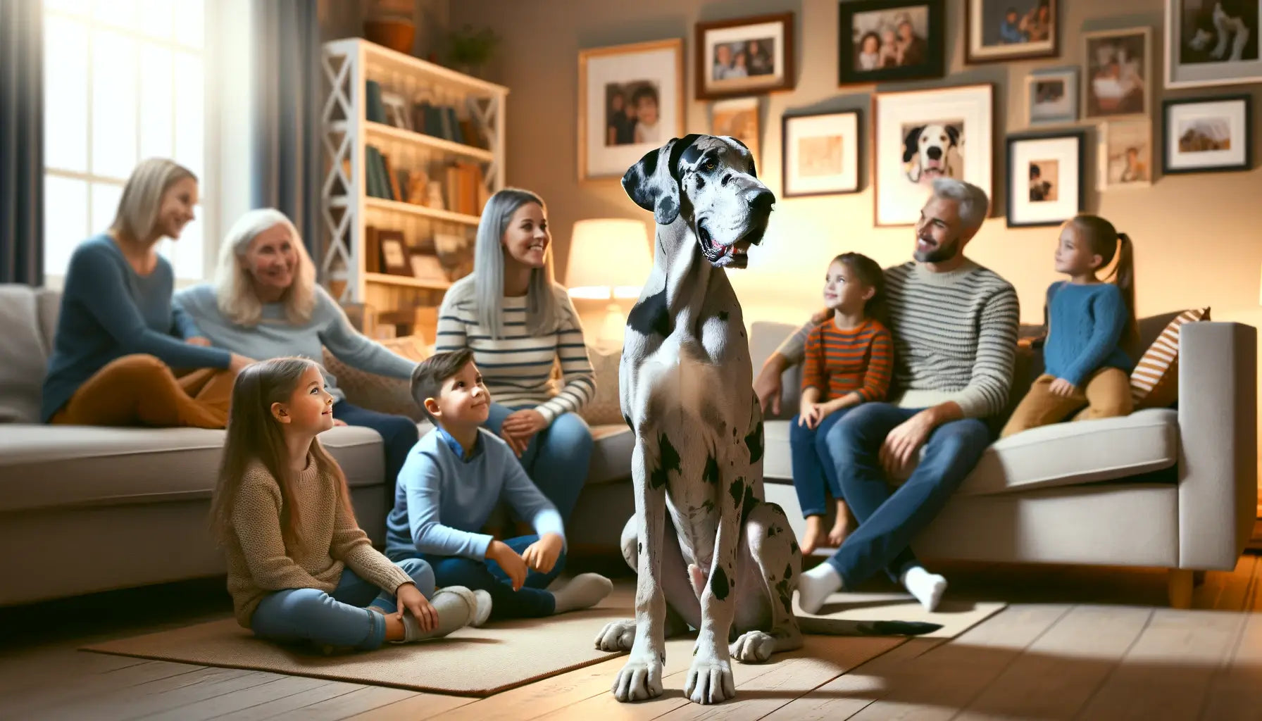 A Merle Great Dane in a family setting surrounded by children and adults in a cozy living room.