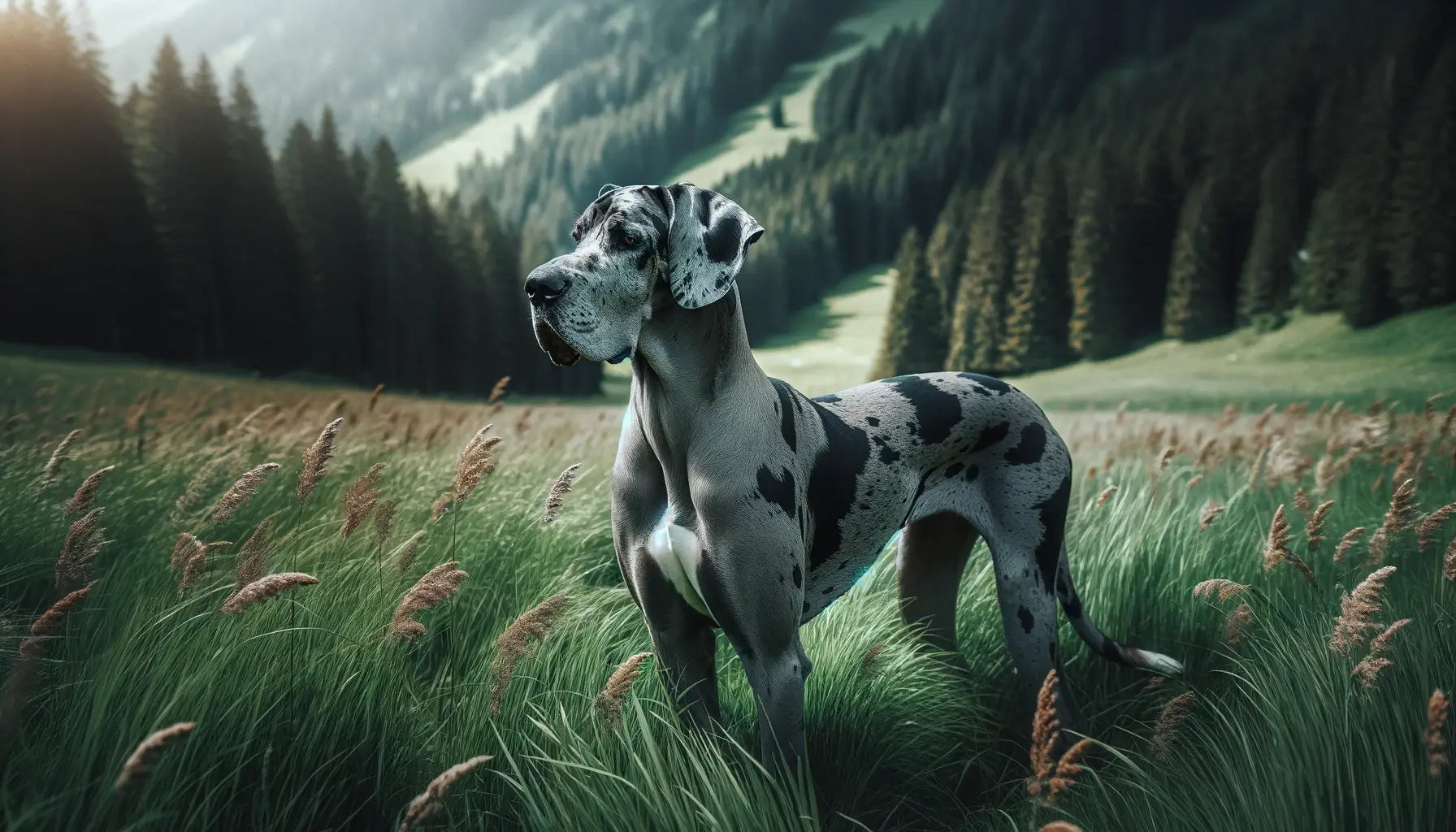 A Merle Great Dane in a grassy field, possibly mistaken for a different breed, showcasing its unique merle coat and distinctive physical features.