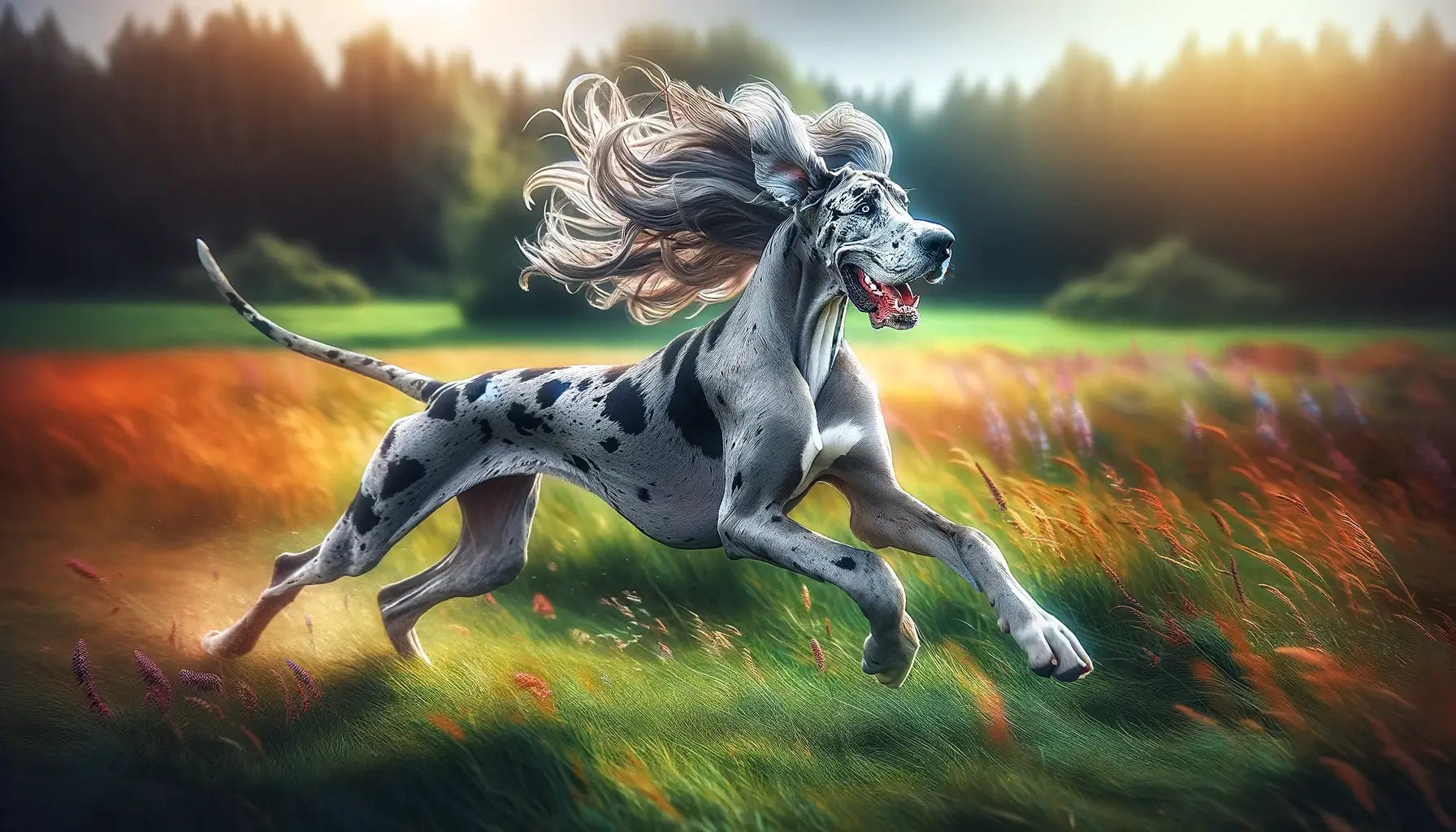 A Merle Great Dane in mid-stride across a field, its joyful demeanor and flowing coat highlighting the breed's energy and playfulness.