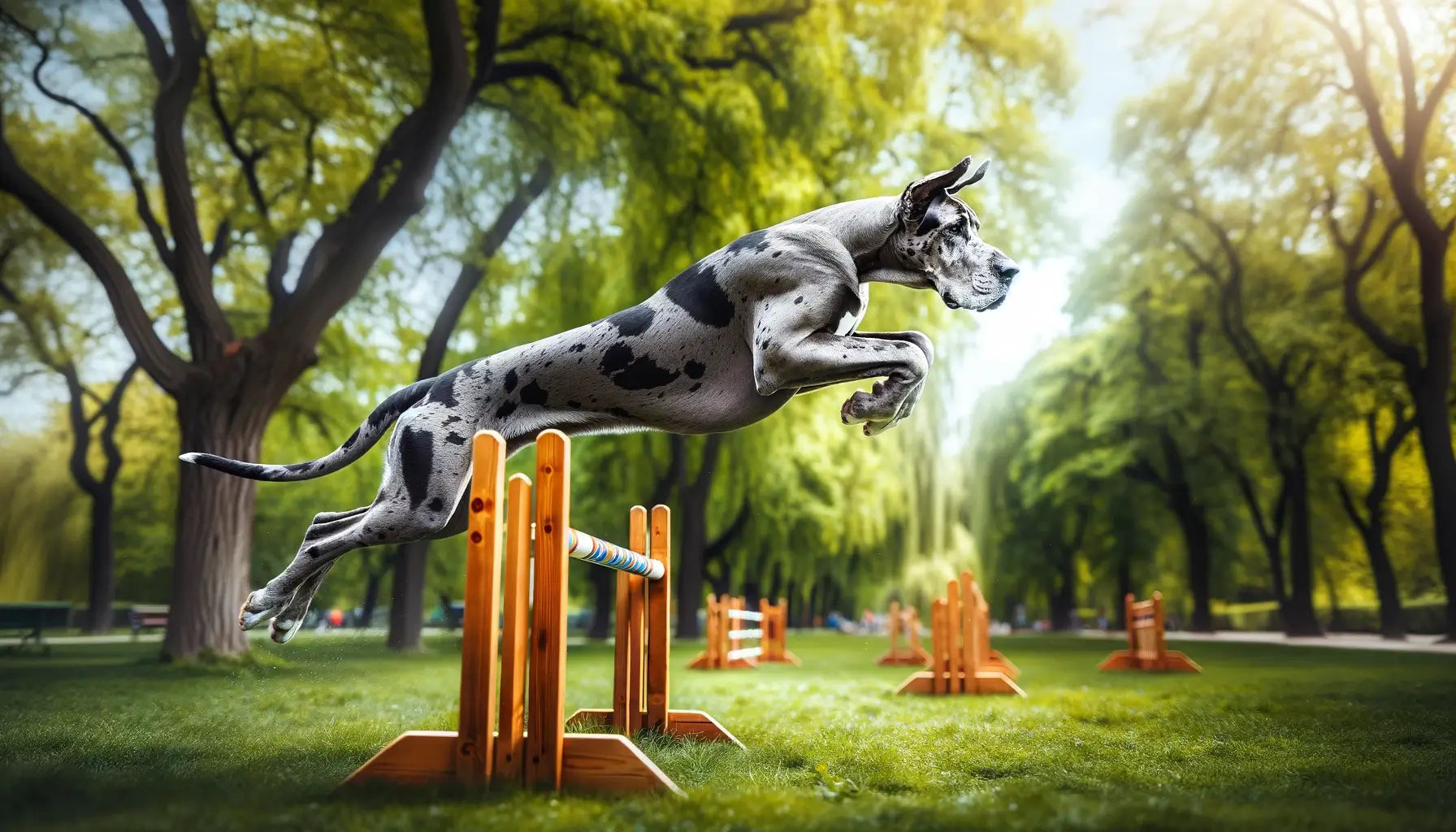A Merle Great Dane leaping over a hurdle in a park, showcasing agility and strength.