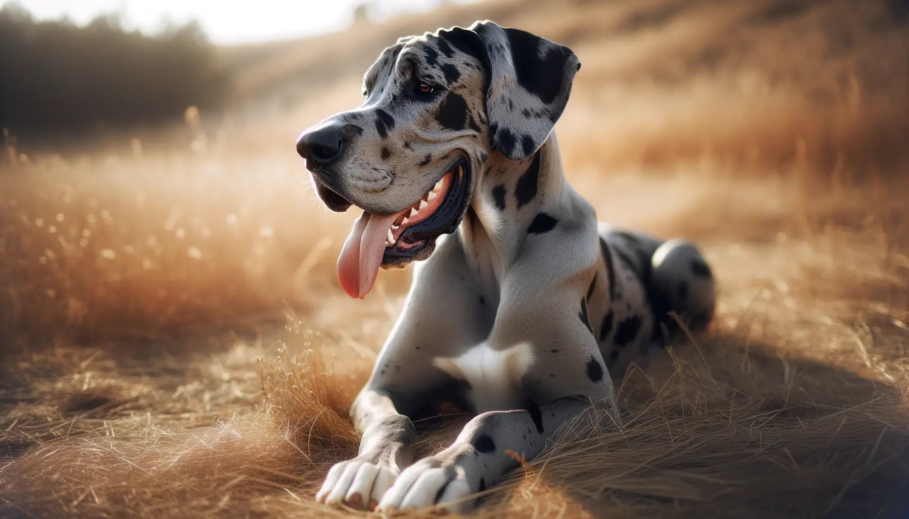 A Merle Great Dane lying on dry grass, content and at ease with its tongue out, indicating a playful or restful moment after enjoying outdoor fun.
