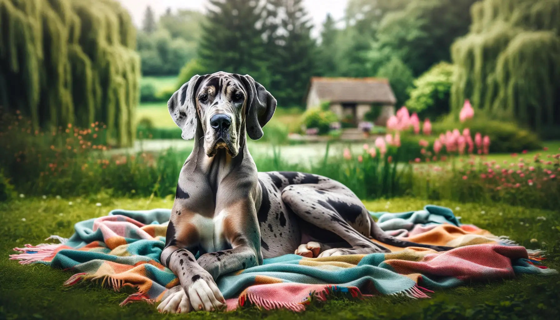 A Merle Great Dane on a blanket outdoors, set against a backdrop of natural greenery, showcasing its majestic size and distinctive coat.