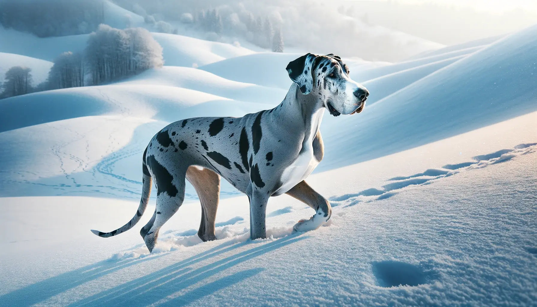 A Merle Great Dane on a snowy hill, with its distinctive merle coat contrasting beautifully against the white snow.