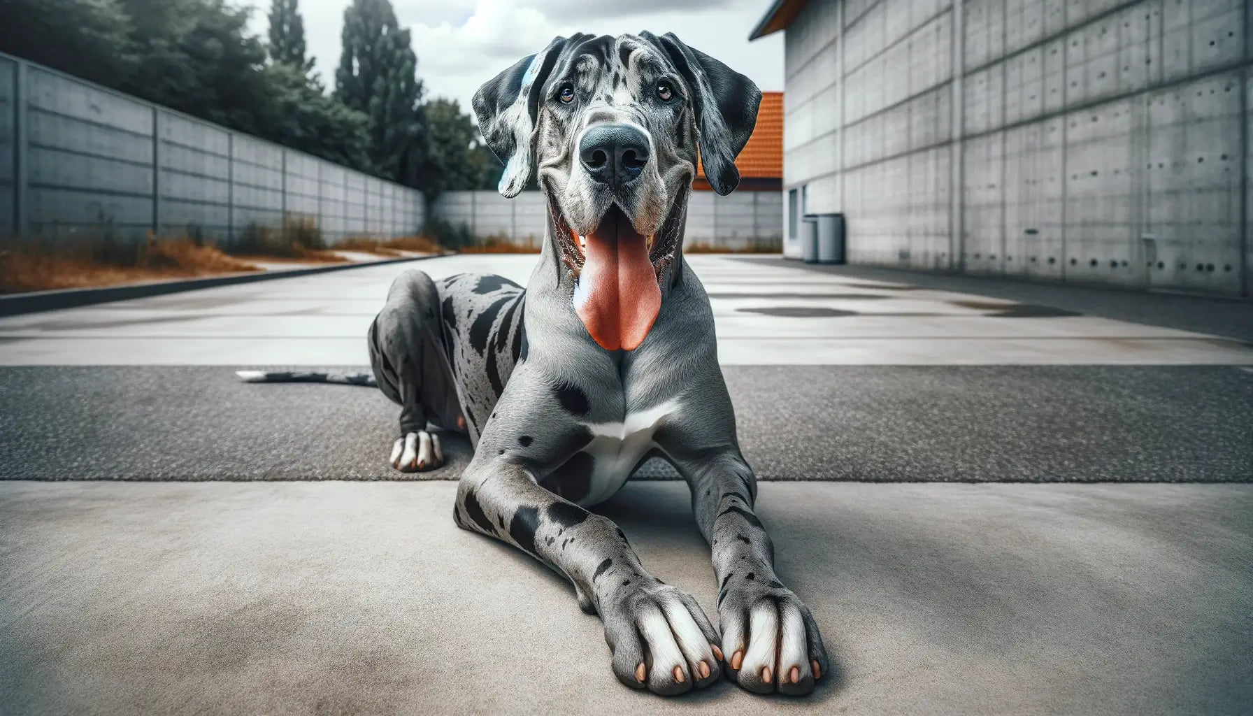 A Merle Great Dane on concrete pavement, its playful tongue-out smile showcasing a friendly and engaging personality.