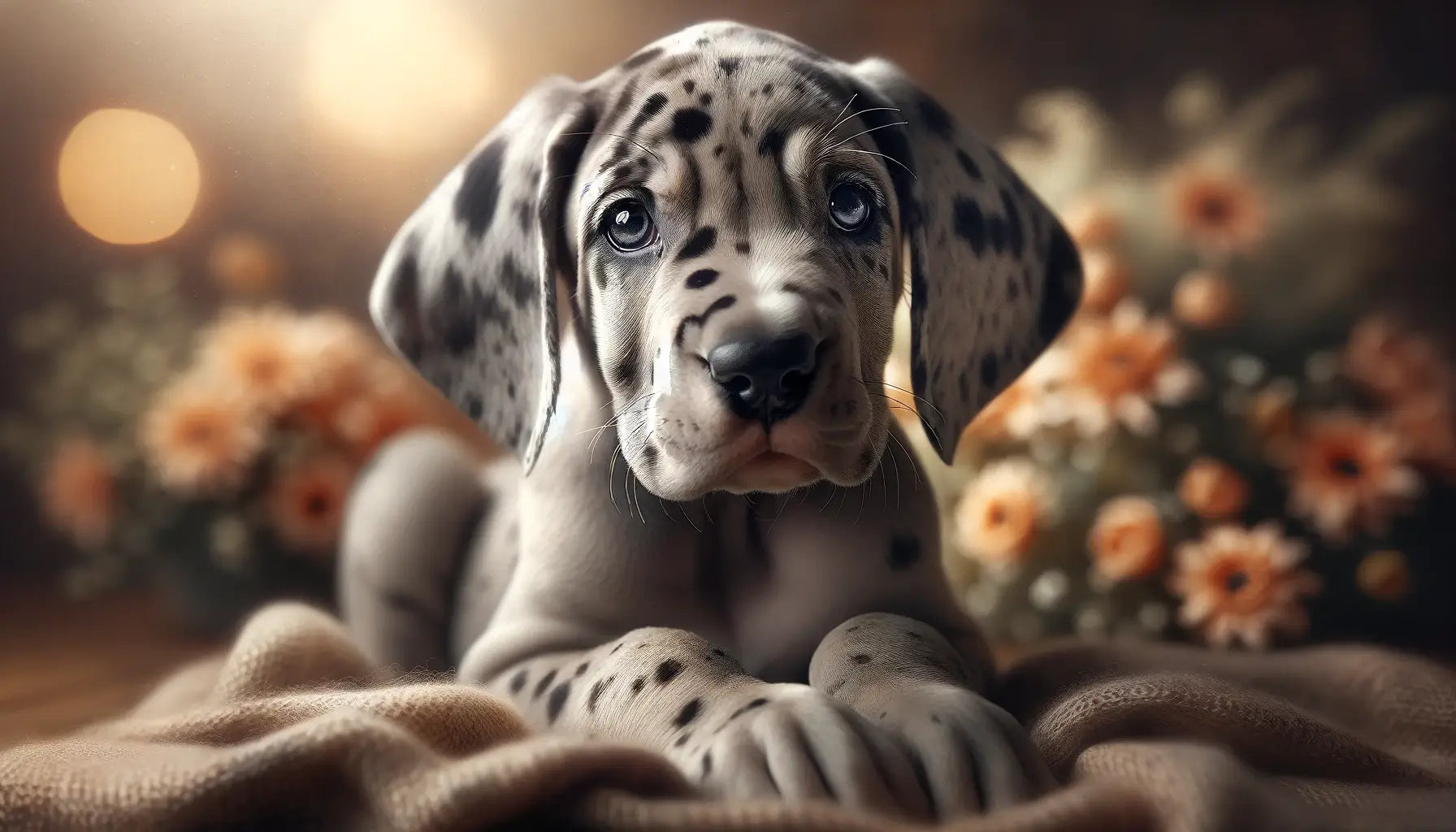 A Merle Great Dane puppy with youthful features, including its small size, floppy ears, and adorable puppy eyes.