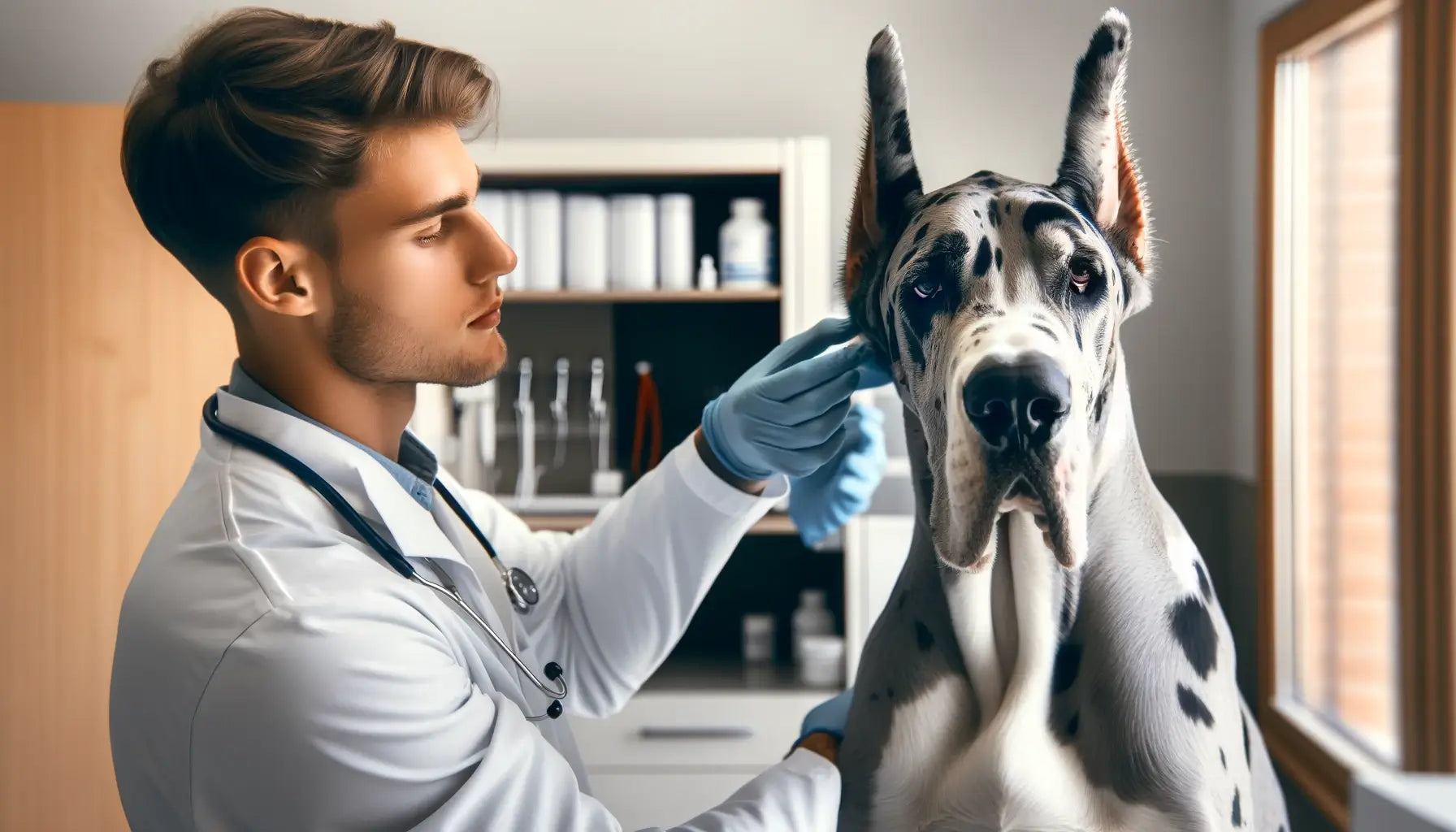 A Merle Great Dane receiving a health check from a veterinarian in a clinic, with the veterinarian examining the dog's ears, eyes, and teeth.