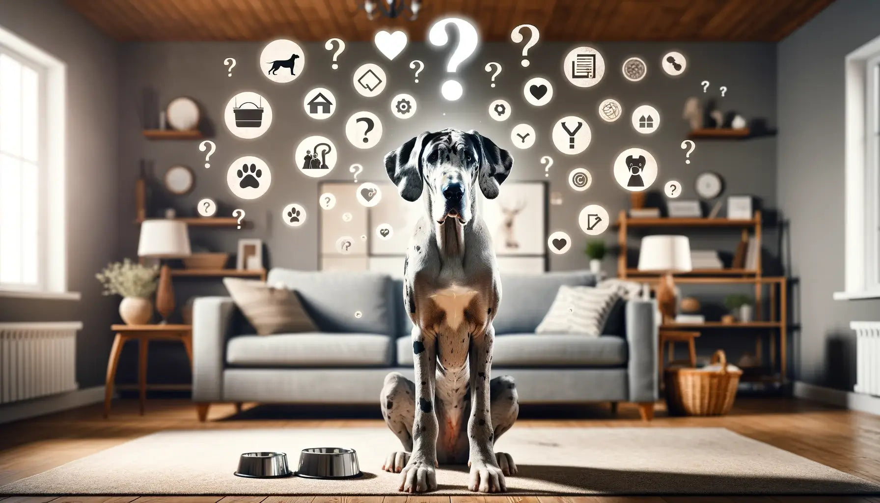 A Merle Great Dane with a question mark above its head in a home setting, symbolizing frequently asked questions about the breed.