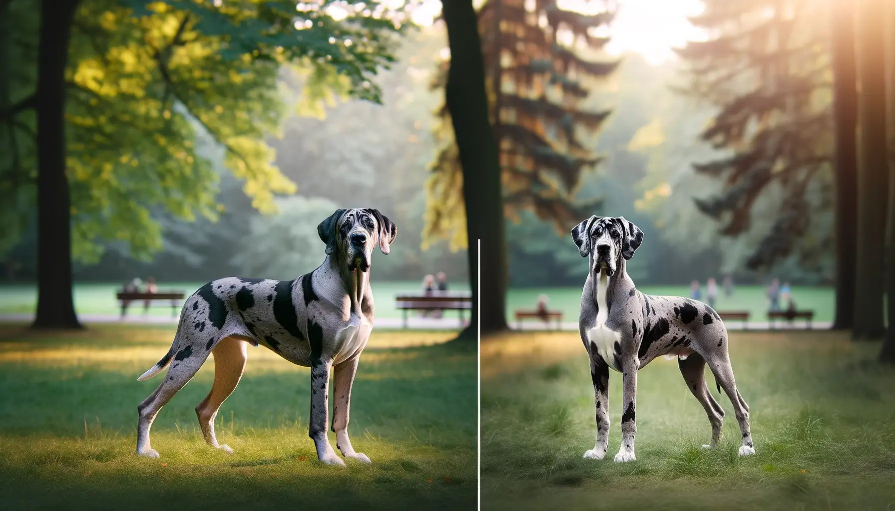 Merle Great Danes showing differences between male and female, standing side by side in a park.