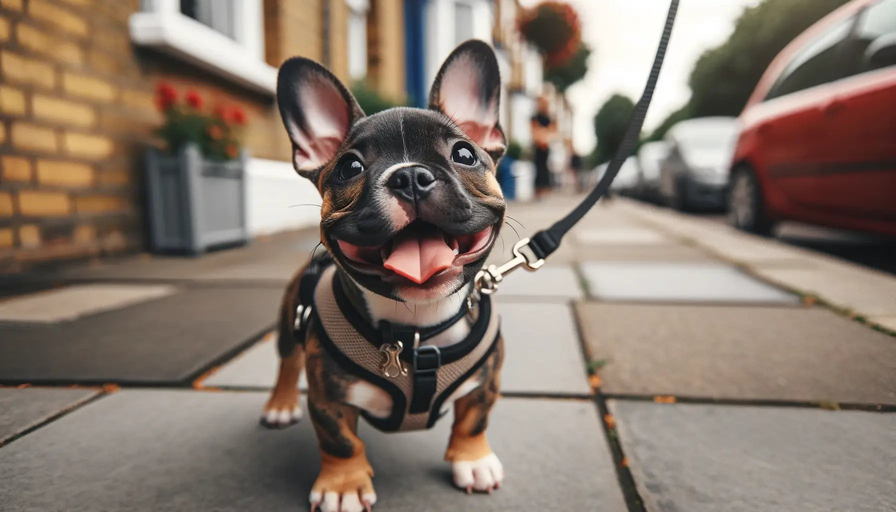 Micro Bully on a pavement with a leash attached to its harness, smiling with its tongue out