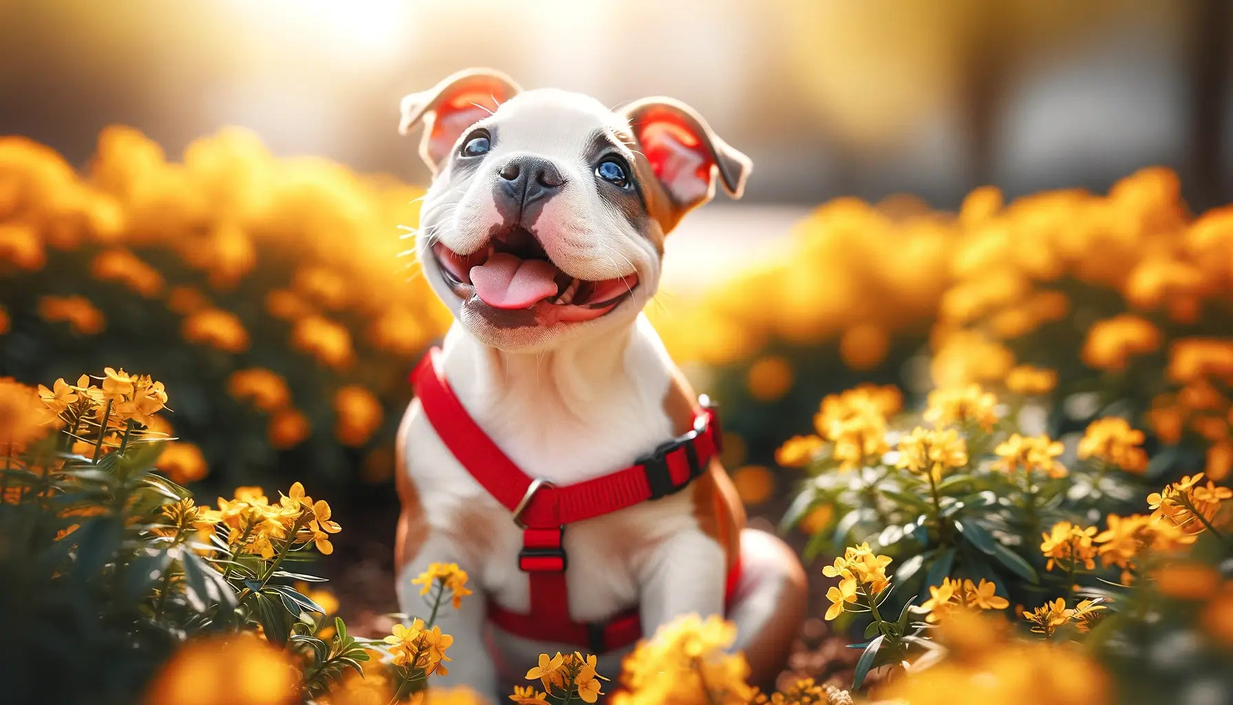 Micro Bully sitting in a bed of yellow flowers on a sunny day