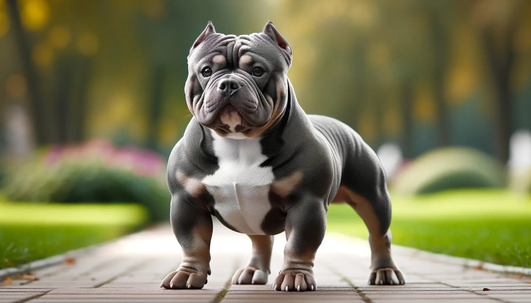 Micro Bully with a broad chest and well-defined musculature noticeably lower to the ground compared to other Bully breeds