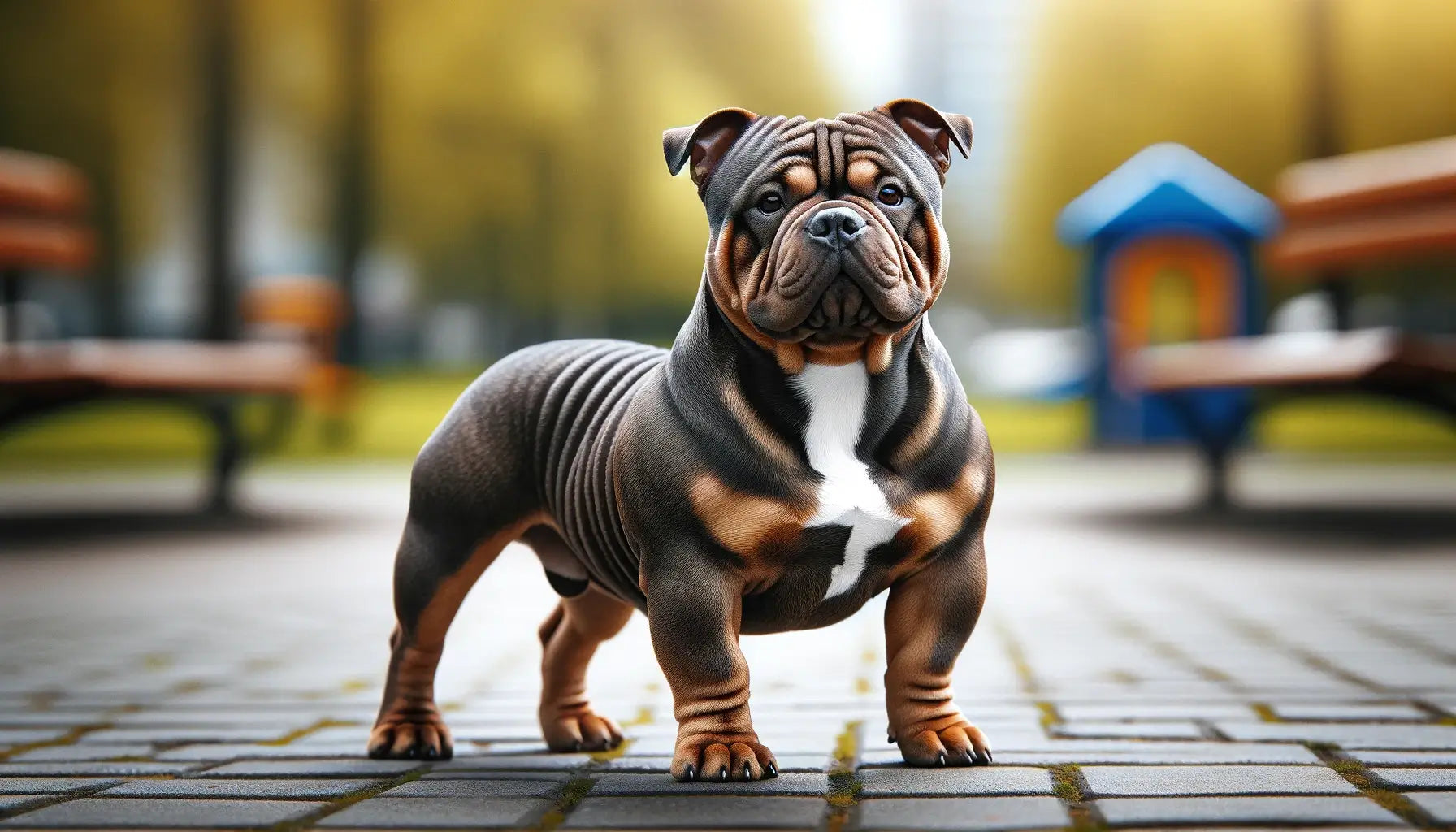 Micro Bully with a broad chest and well-defined musculature noticeably lower to the ground compared to other Bully breeds