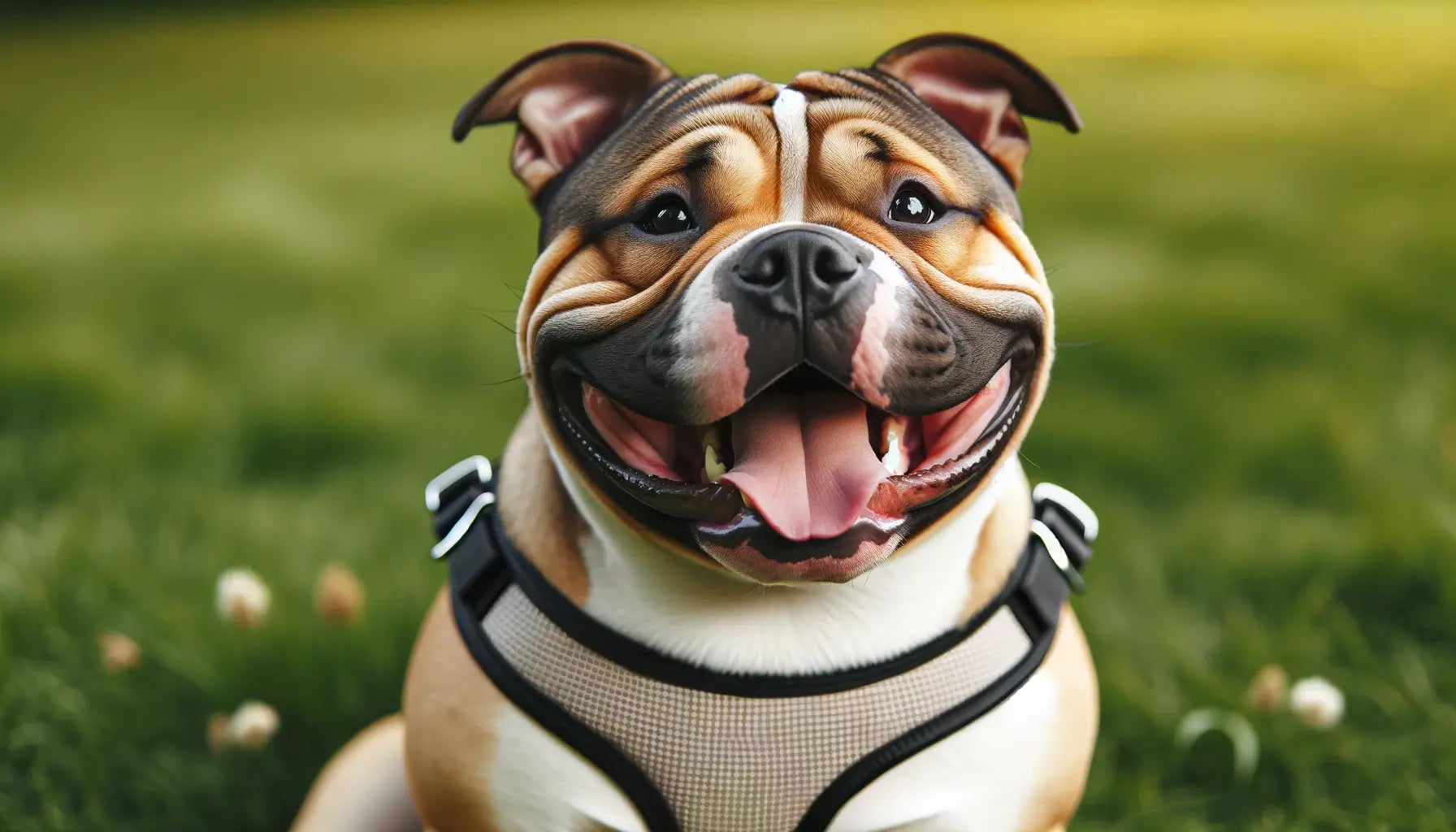 Micro Bully with a wide open-mouthed grin is sitting on grass wearing a harness