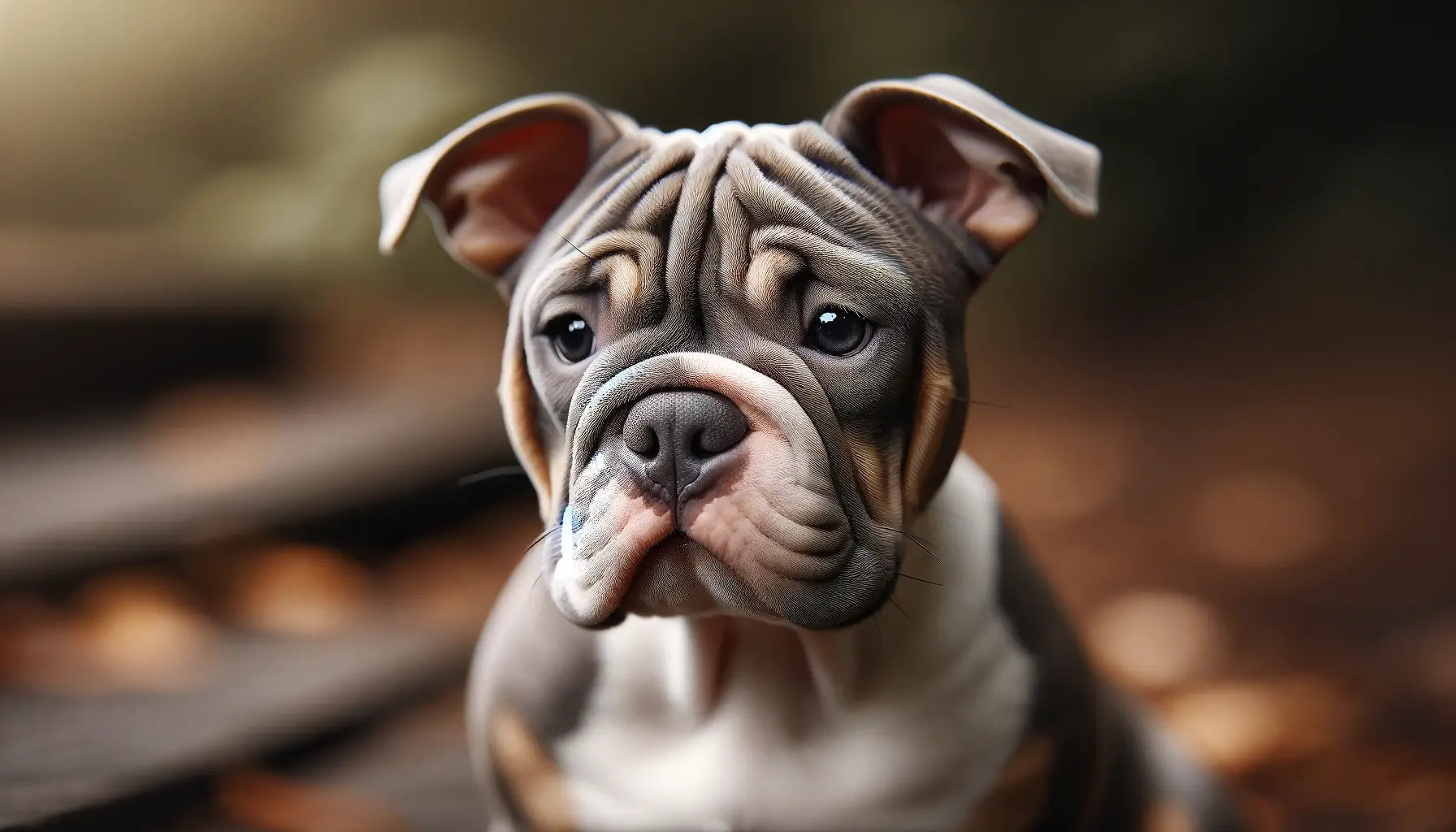Micro Bully with facial wrinkles, especially around the brow, giving it a thoughtful appearance