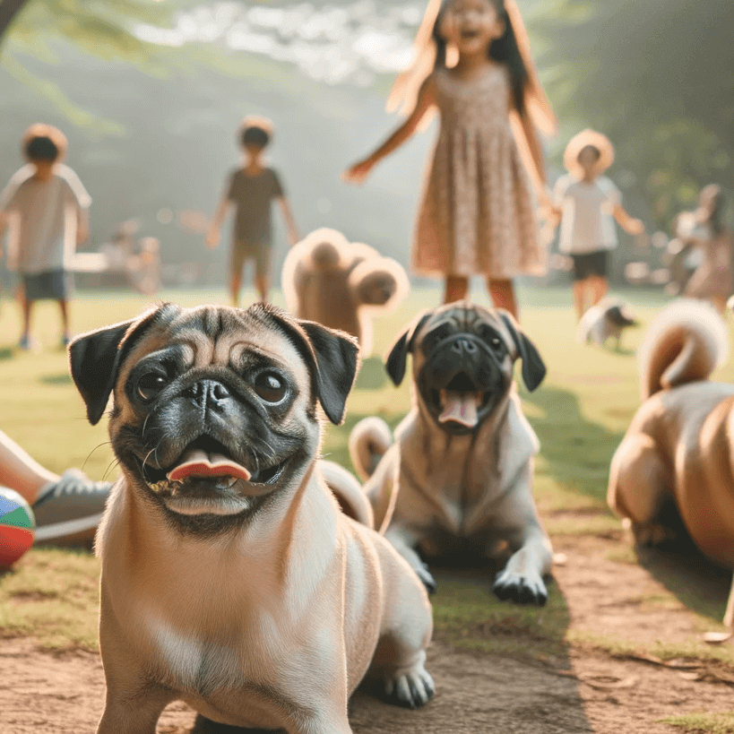 Mixed breed dogs including a Pug Lab Mix enjoying a day in the park