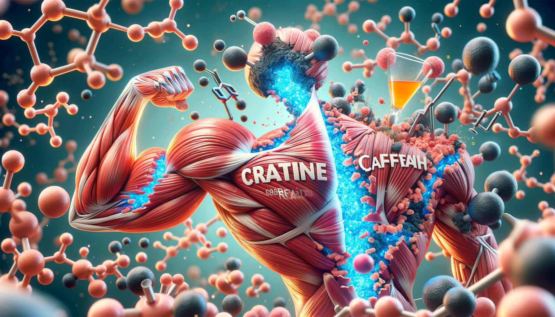 Muscle Repair in Action - A microscopic view of muscle fibers undergoing repair with creatine and caffeine molecules actively.