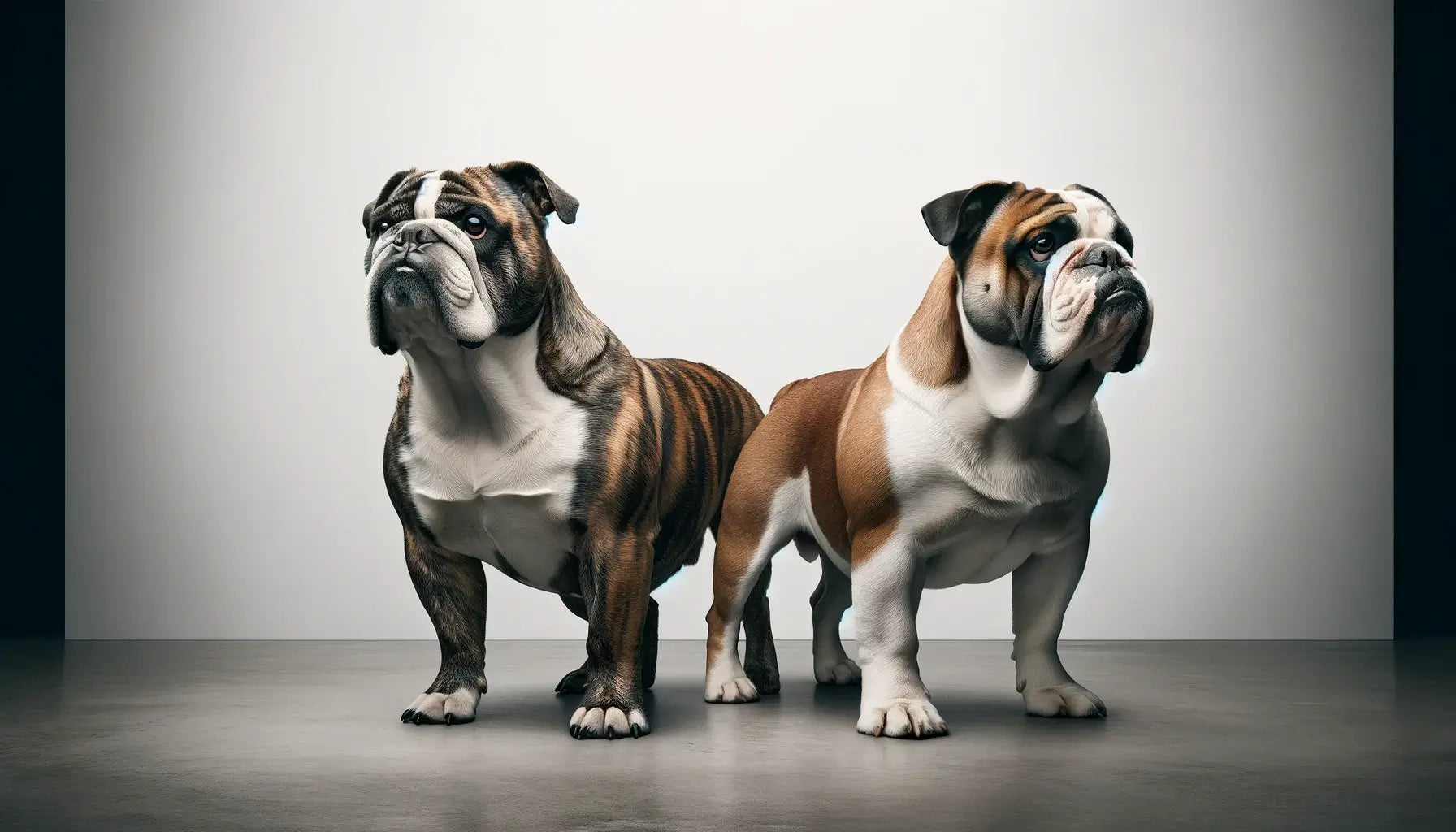 Olde English Bulldogge with a slightly darker brindle coat exhibits its leaner athletic build.