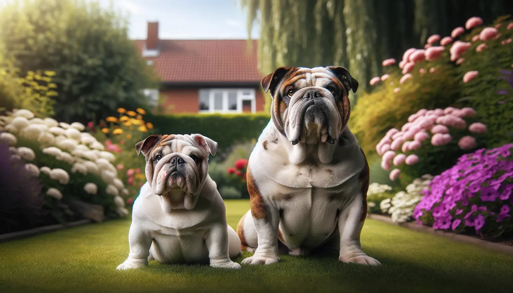 Image contrasting an English Bulldog with a traditional white and brindle coat against a leaner white-coated Olde English Bulldogge outdoors.