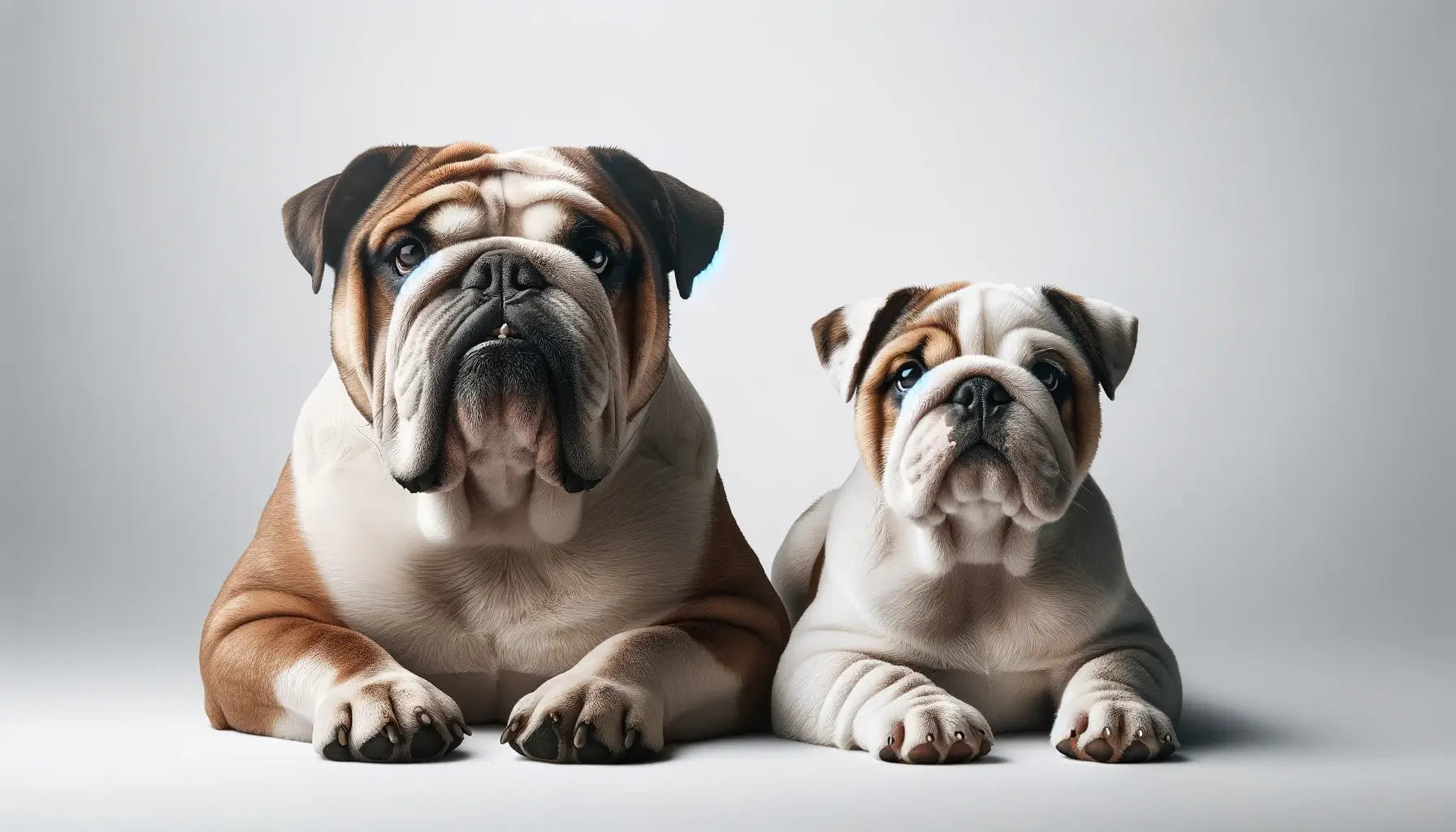 Image showing an English Bulldog with a robust frame and pronounced wrinkles lying next to an Olde English Bulldogge on a pristine white background.