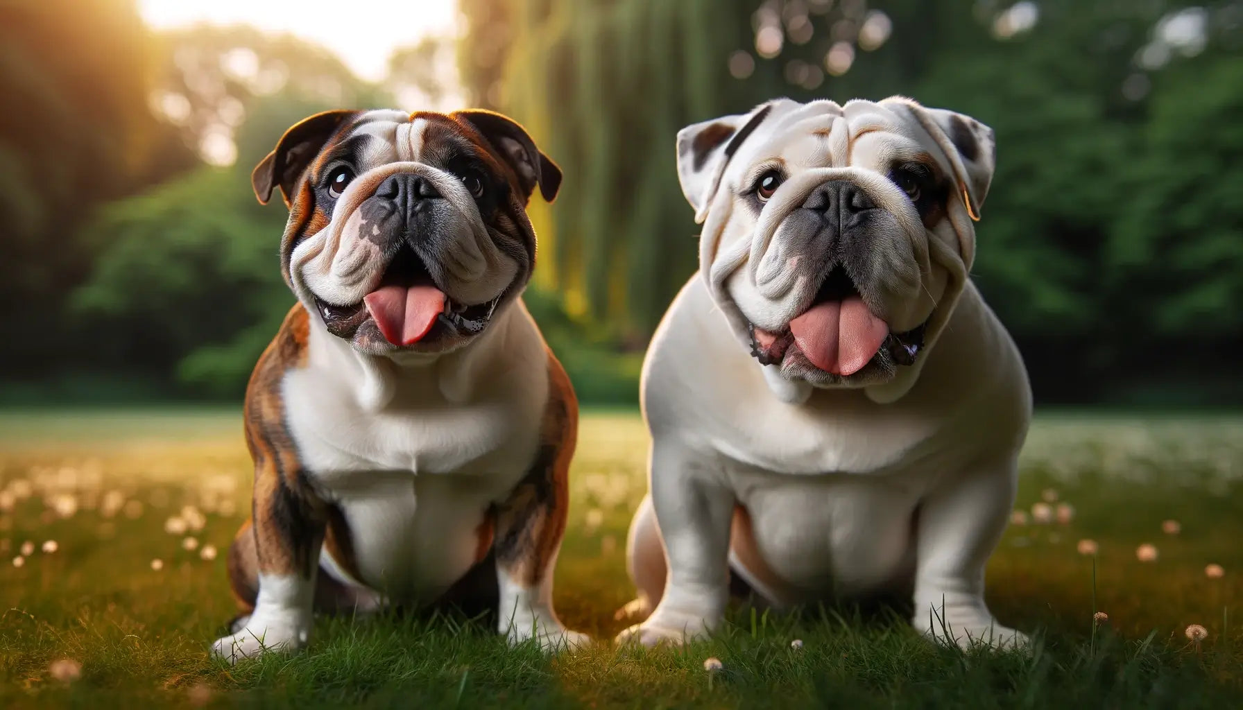 Image showing two bulldogs, an Olde English Bulldogge and an English Bulldog, sitting on the grass and panting towards the camera.