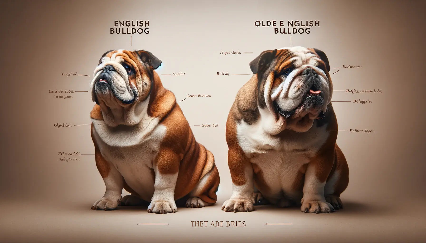 Image showing labeled coats of an Olde English Bulldogge and an English Bulldog, distinguishing the Bulldog's squat build.