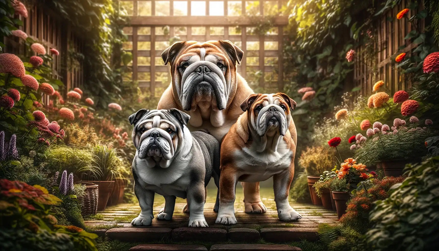 Image showing breed characteristics where an English Bulldog's traditional grey and white coat contrasts with an Olde English Bulldogge's fawn coat.