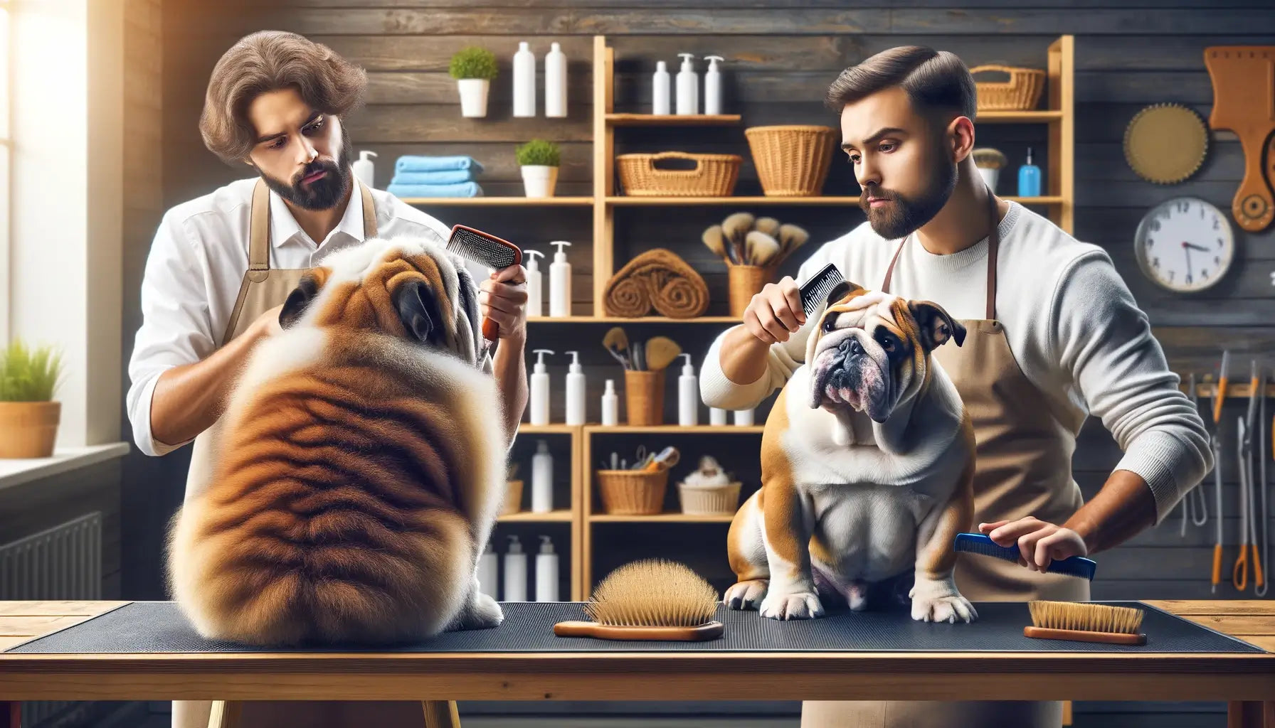 Image showing a grooming scene where an owner is brushing the less dense coat of an Olde English Bulldogge on the left.