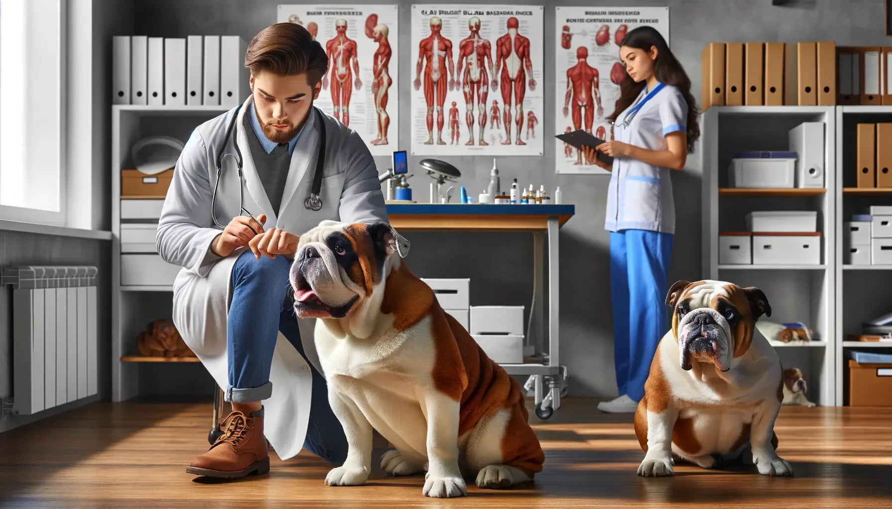 Image showing an Olde English Bulldogge being examined by a veterinarian inside a veterinarian's office, checking its joints for agility and muscle.