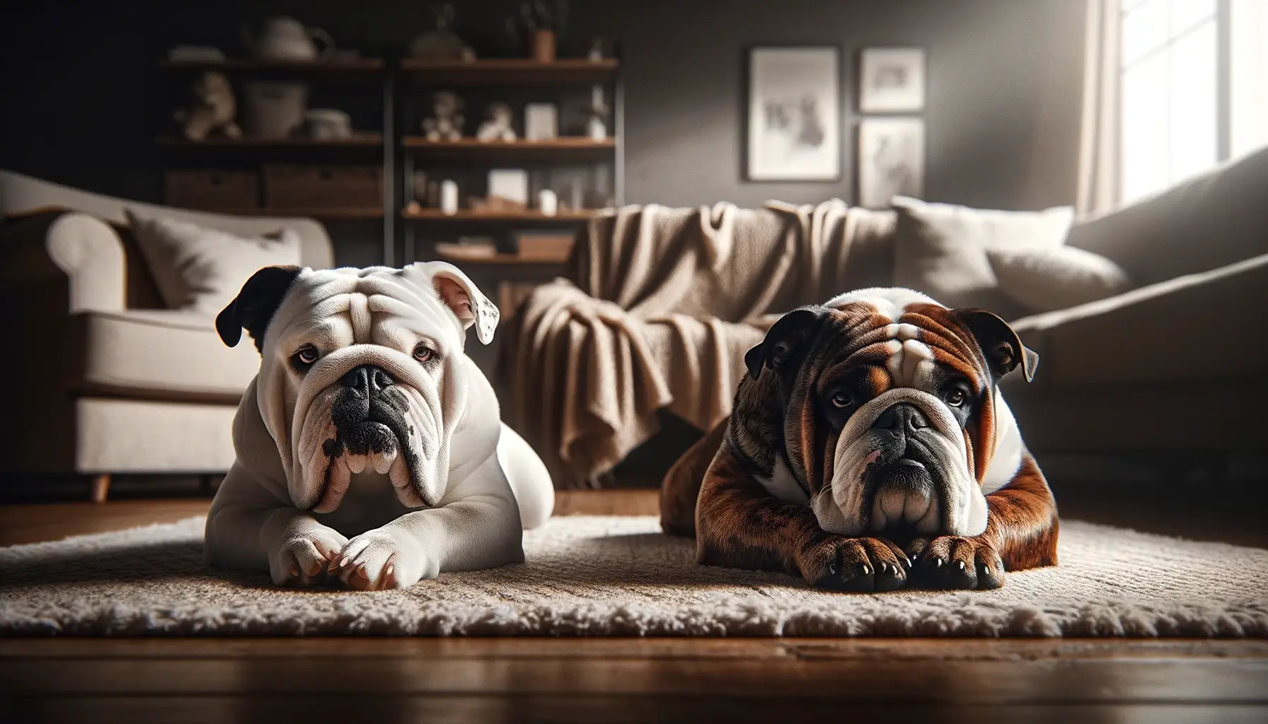 Image comparing the coats of an Olde English Bulldogge (white coat with brindle patches) and an English Bulldog (solid brindle coat).