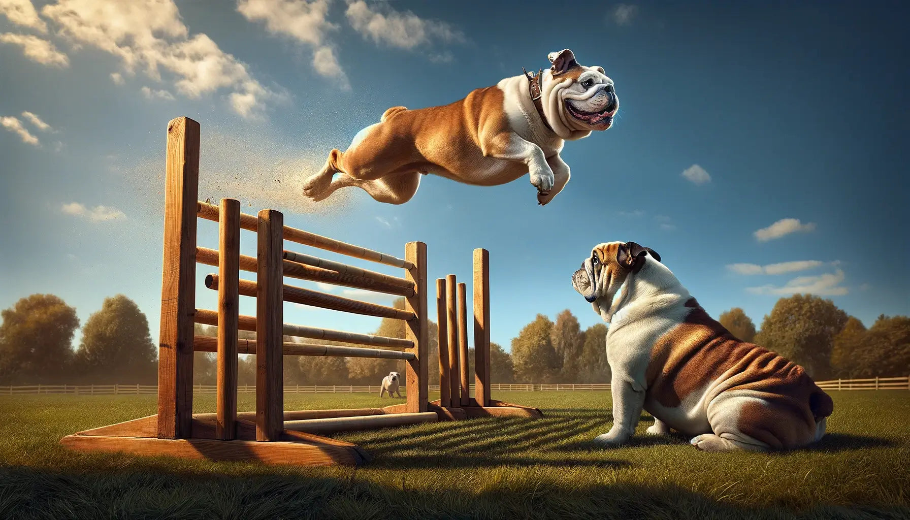 Image showcasing the agility difference between an Olde English Bulldogge and an English Bulldog in an outdoor scene.