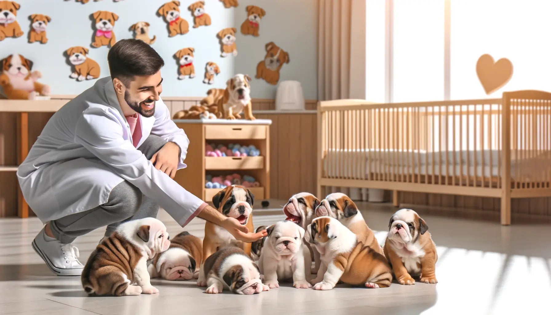 Image showing Olde English Bulldogge vs English Bulldog puppies presented to potential owners in a bright and inviting nursery room.